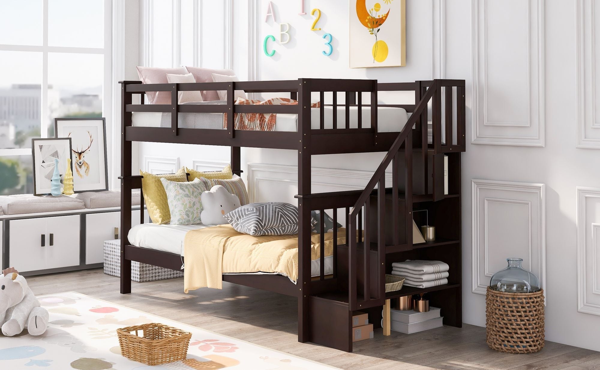 Kids Shared Room Twin Over Twin Wood Bunk Bed with Staircase Storage Drawers, Espresso | Just Better Bunk Beds