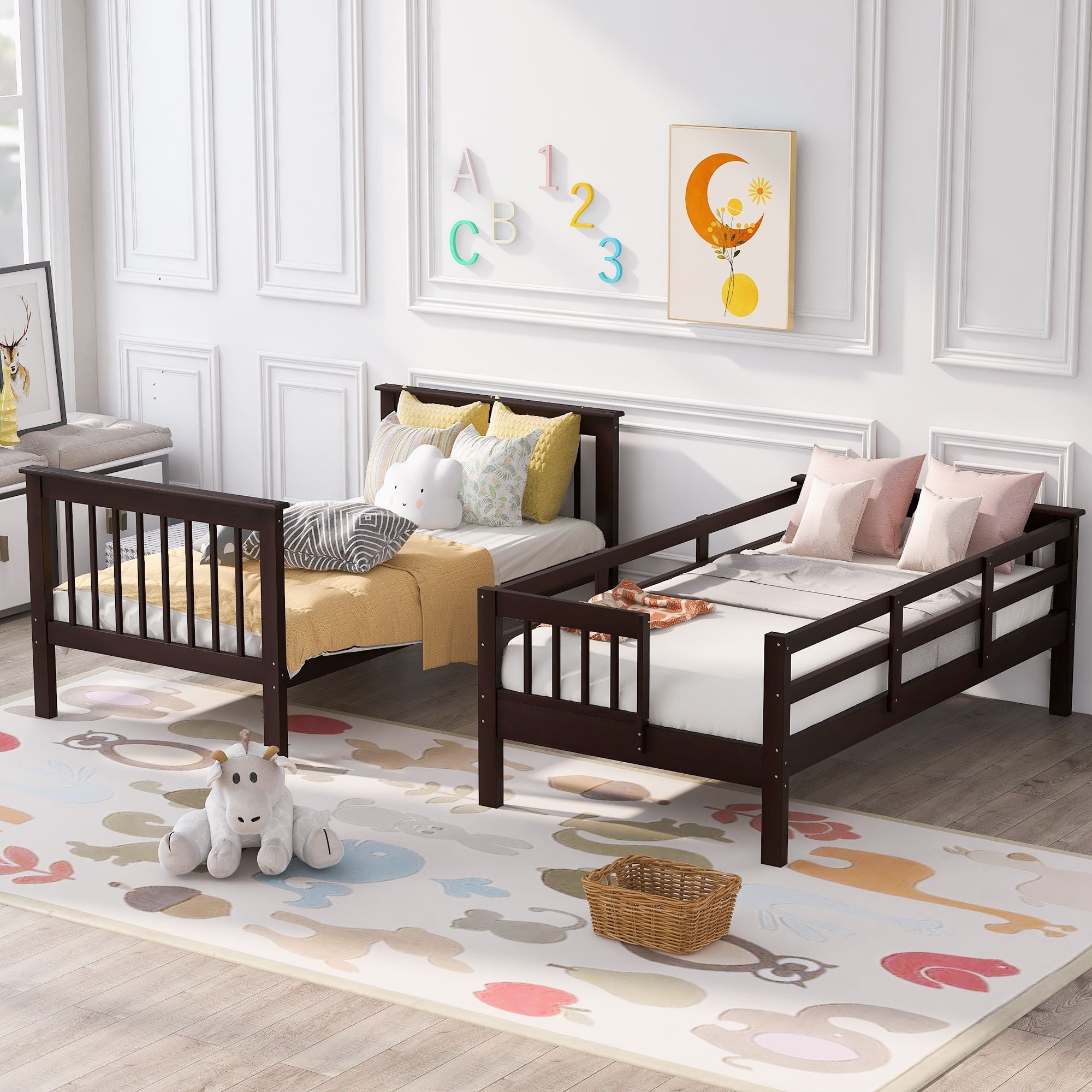 Kids Shared Room Twin Over Twin Wood Bunk Bed with Staircase Storage Drawers, Espresso | Just Better Bunk Beds
