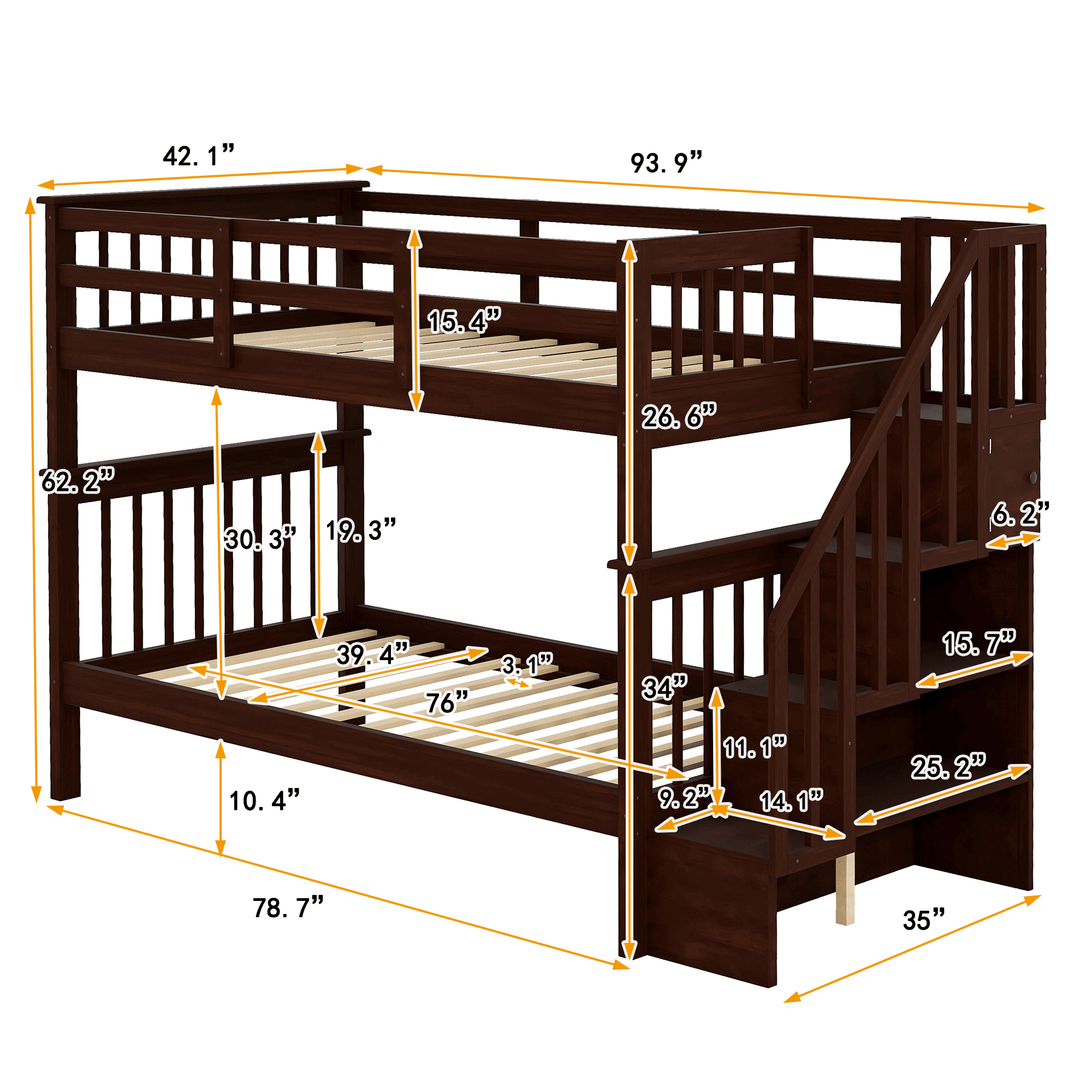 Kids Shared Room Twin Over Twin Wood Bunk Bed with Staircase Storage Drawers, Espresso | Just Better Bunk Beds