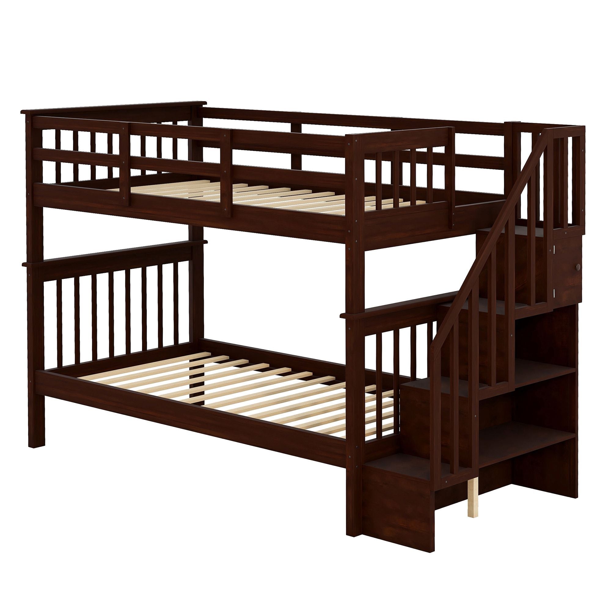 Kids Shared Room Twin Over Twin Wood Bunk Bed with Staircase Storage Drawers, Espresso | Just Better Bunk Beds