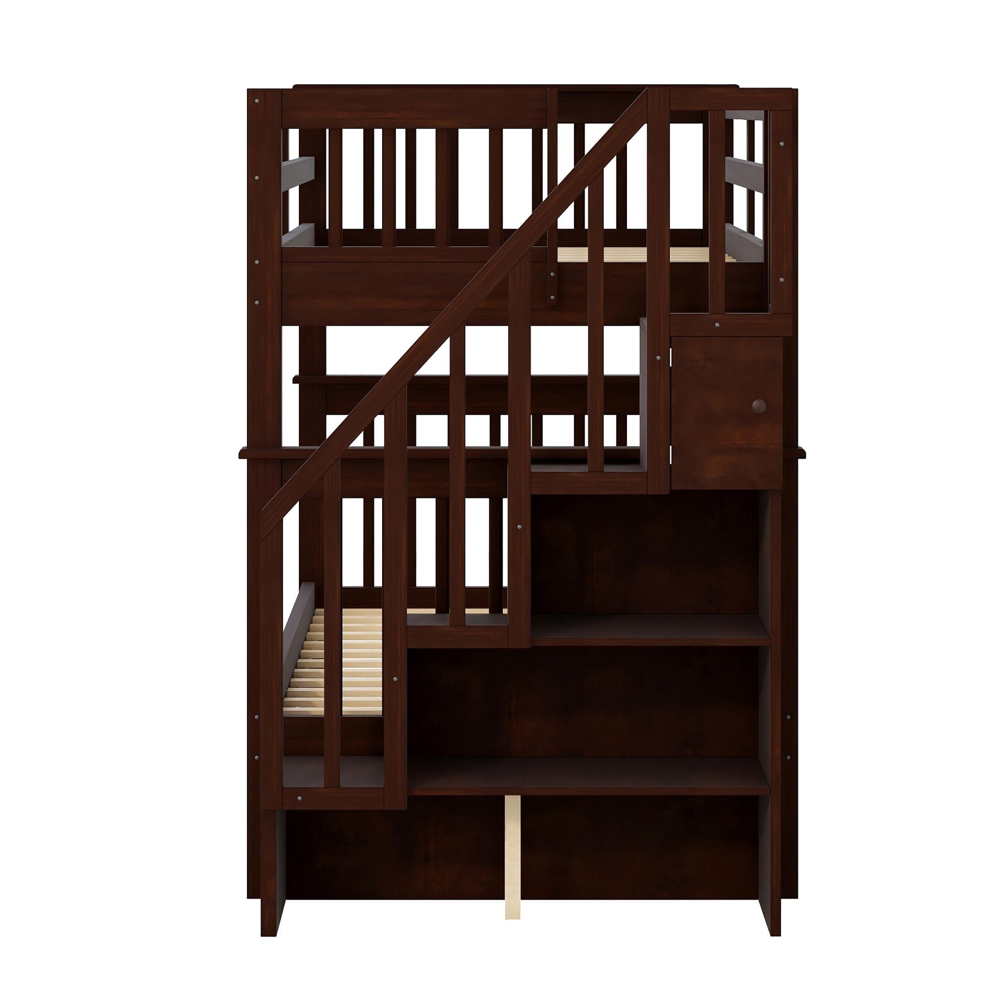 Kids Shared Room Twin Over Twin Wood Bunk Bed with Staircase Storage Drawers, Espresso | Just Better Bunk Beds