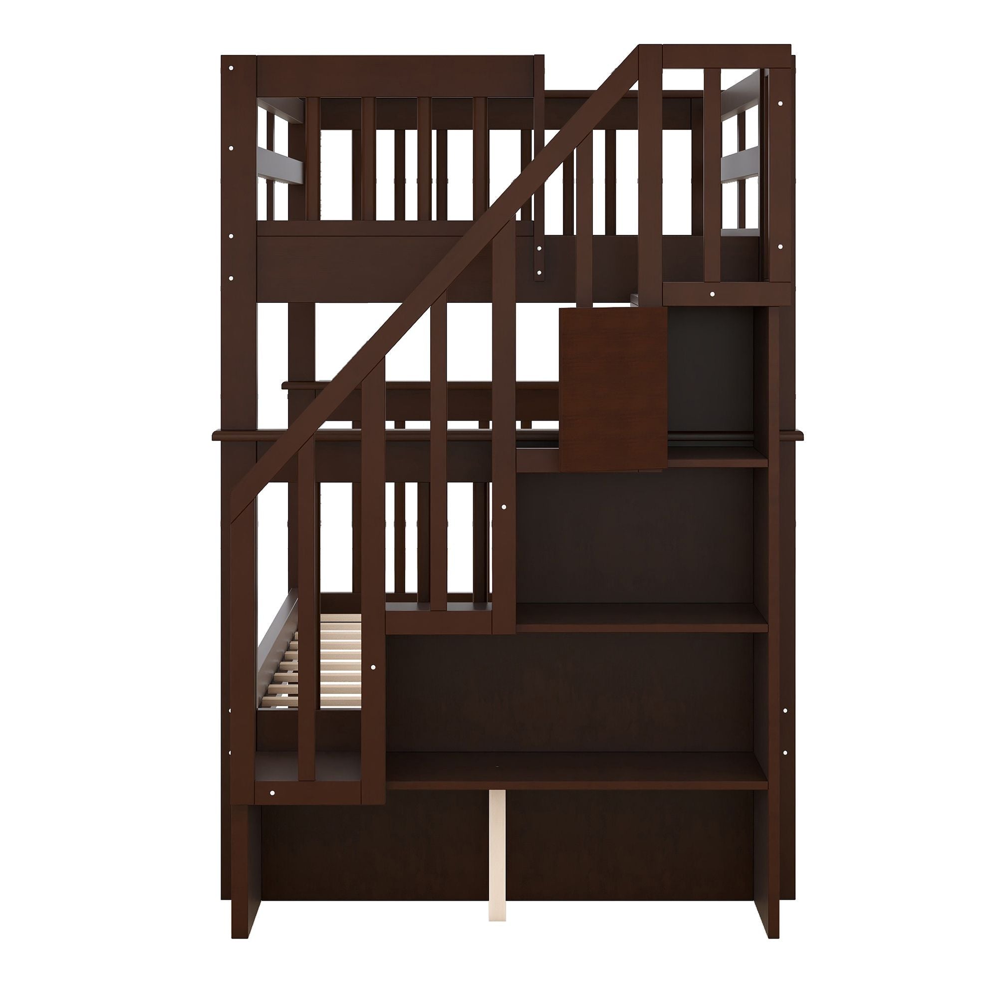 Kids Shared Room Twin Over Twin Wood Bunk Bed with Staircase Storage Drawers, Espresso | Just Better Bunk Beds