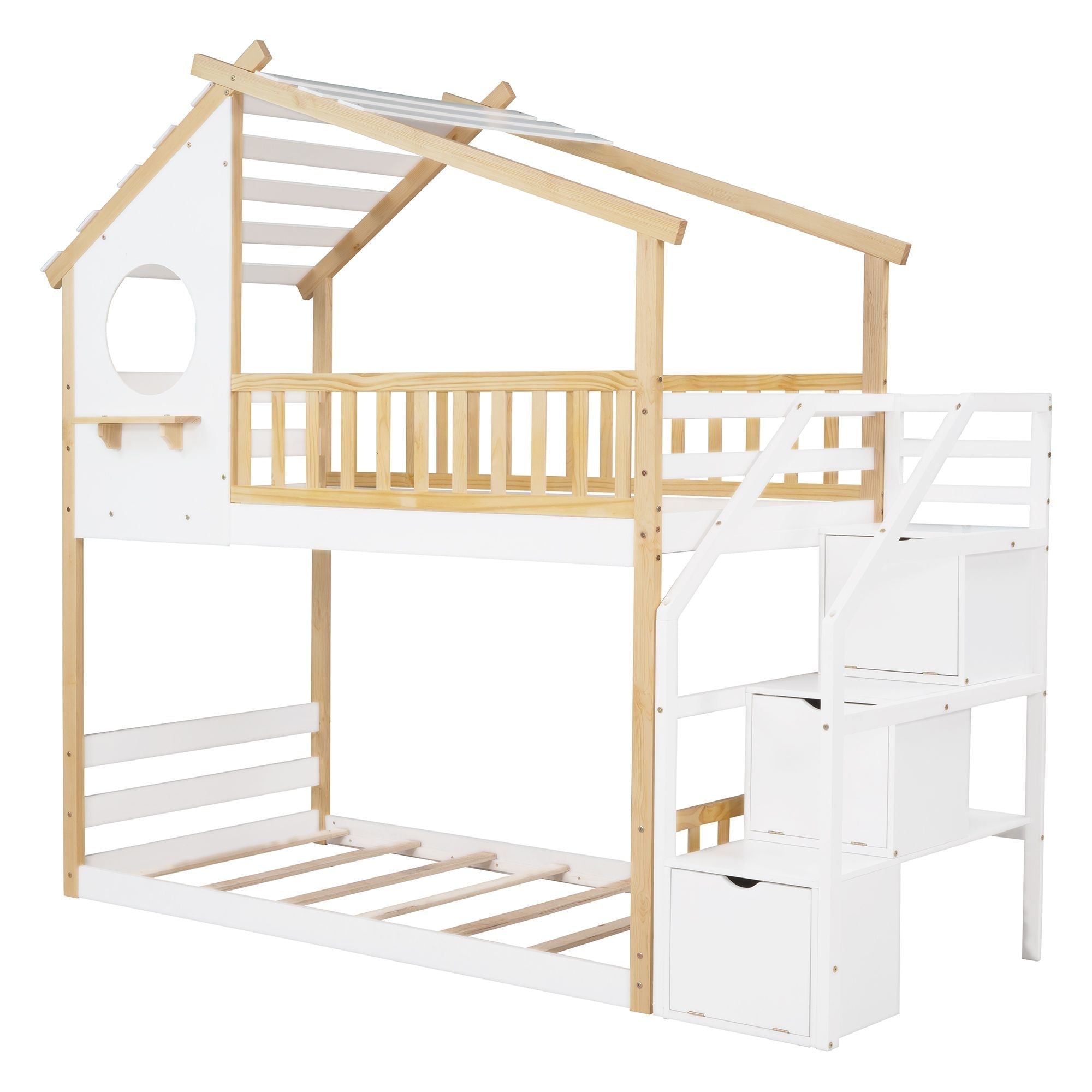 Kids Shared Room Twin Over Twin Wood Bunk Bed with Staircase Storage, House Design, and Guard Rail in Natural and White | Just Better Bunk Beds