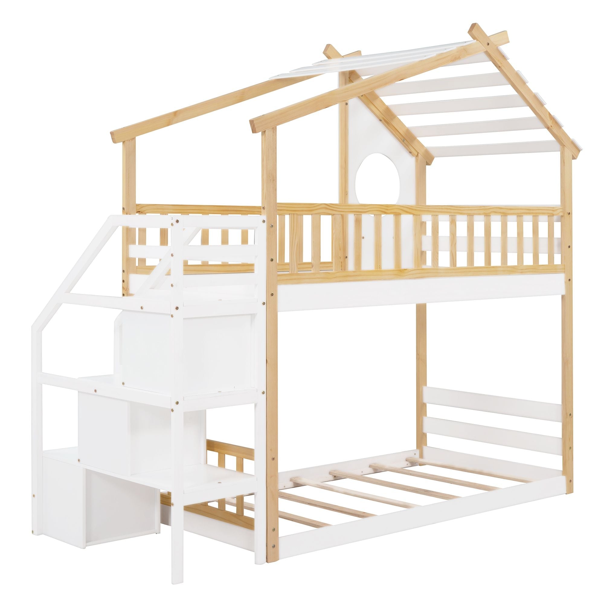 Kids Shared Room Twin Over Twin Wood Bunk Bed with Staircase Storage, House Design, and Guard Rail in Natural and White | Just Better Bunk Beds