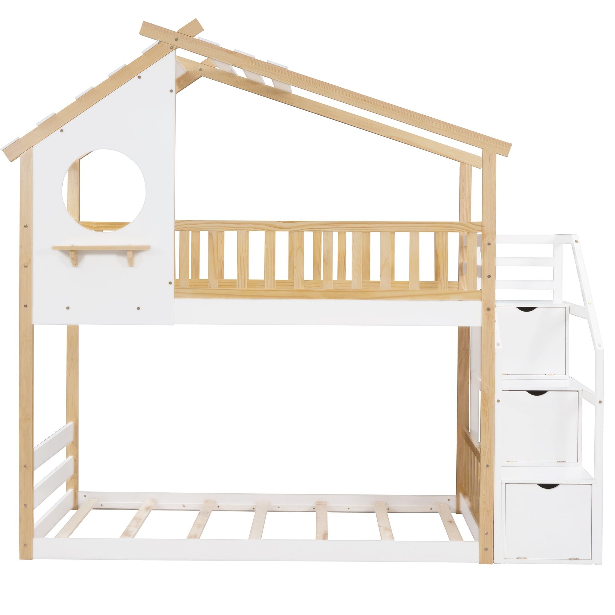 Kids Shared Room Twin Over Twin Wood Bunk Bed with Staircase Storage, House Design, and Guard Rail in Natural and White | Just Better Bunk Beds
