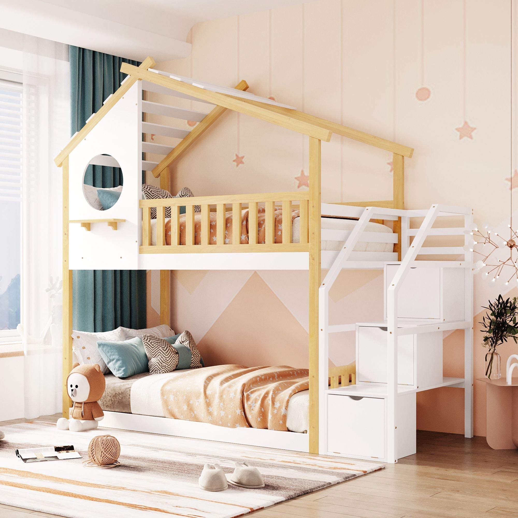 Kids Shared Room Twin Over Twin Wood Bunk Bed with Staircase Storage, House Design, and Guard Rail in Natural and White | Just Better Bunk Beds