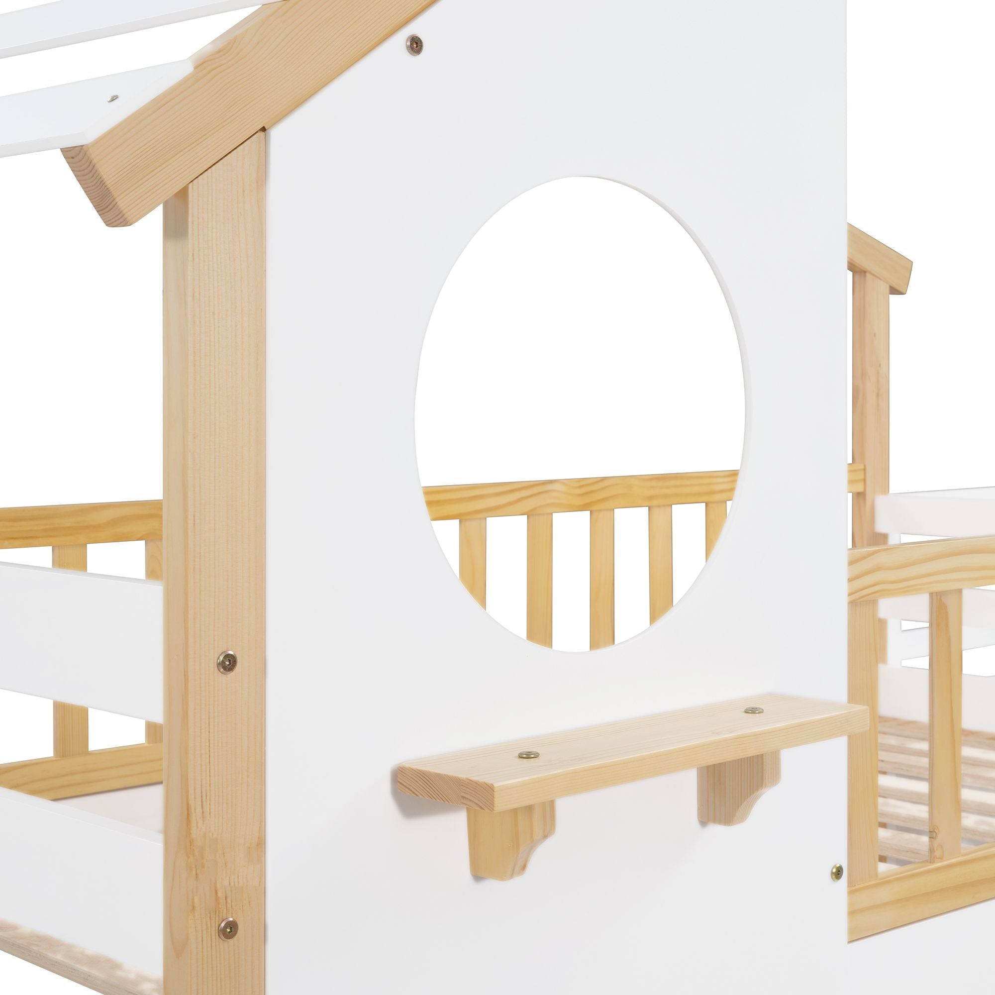 Kids Shared Room Twin Over Twin Wood Bunk Bed with Staircase Storage, House Design, and Guard Rail in Natural and White | Just Better Bunk Beds