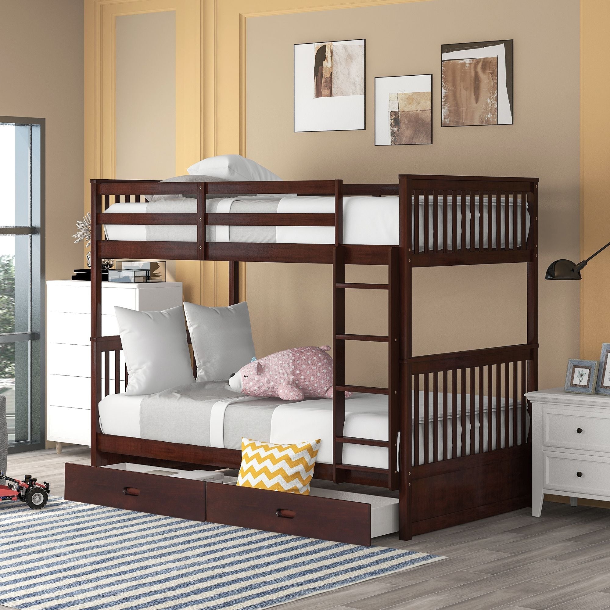 Kids Shared Room Twin Over Twin Wood Bunk Bed with Storage Drawers and Ladders, Espresso | Just Better Bunk Beds