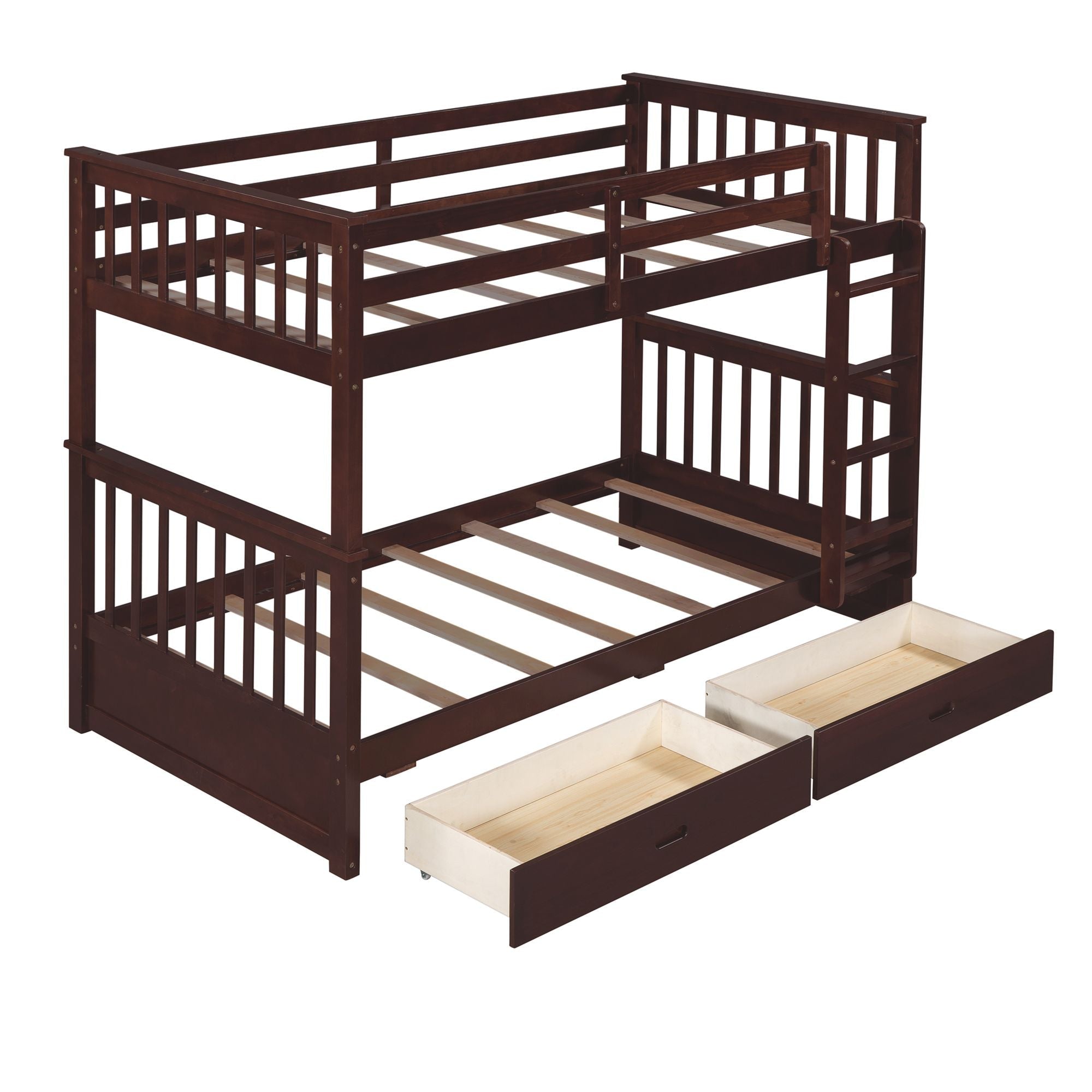 Kids Shared Room Twin Over Twin Wood Bunk Bed with Storage Drawers and Ladders, Espresso | Just Better Bunk Beds
