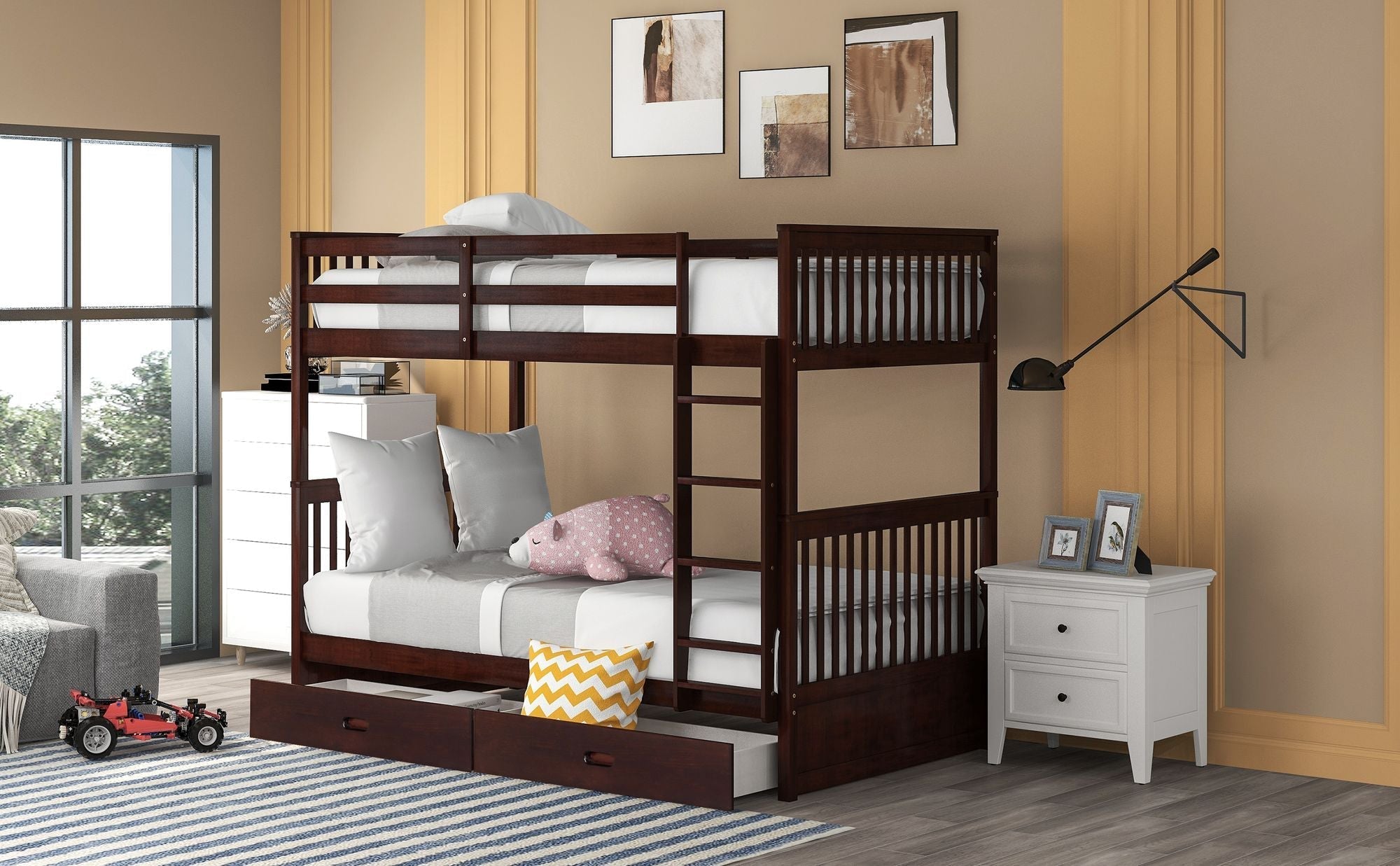 Kids Shared Room Twin Over Twin Wood Bunk Bed with Storage Drawers and Ladders, Espresso | Just Better Bunk Beds