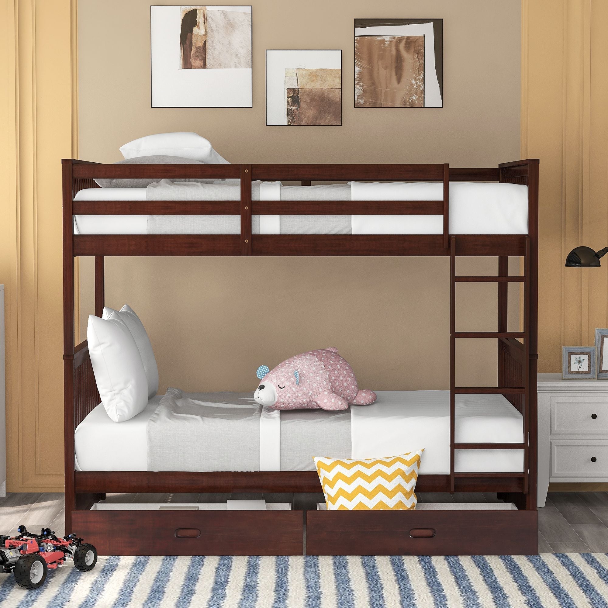 Kids Shared Room Twin Over Twin Wood Bunk Bed with Storage Drawers and Ladders, Espresso | Just Better Bunk Beds
