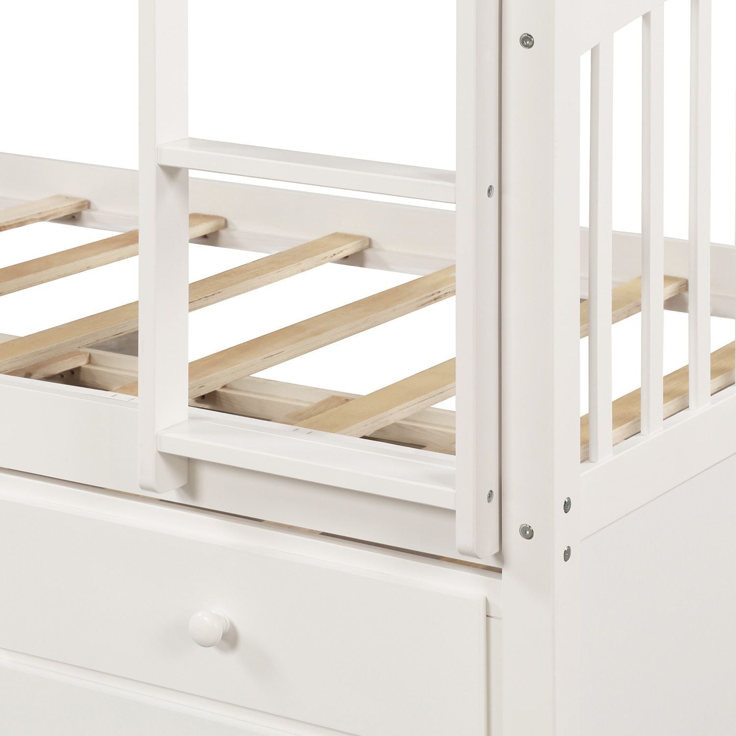 Kids Shared Room Twin Over Twin Wood Bunk Bed with Trundle, 3 Drawers, Ladder, Safety Rail in White | Just Better Bunk Beds