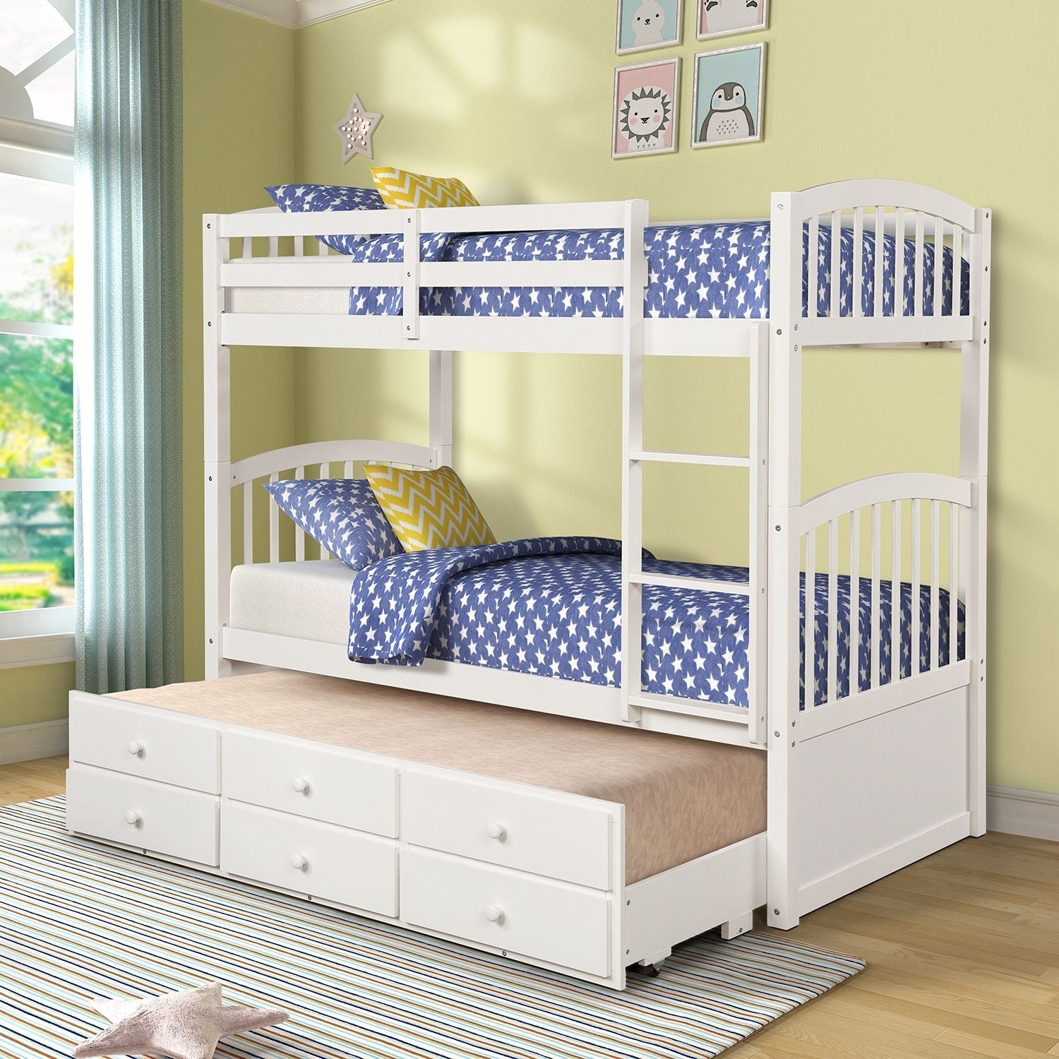 Kids Shared Room Twin Over Twin Wood Bunk Bed with Trundle, 3 Drawers, Ladder, Safety Rail in White | Just Better Bunk Beds