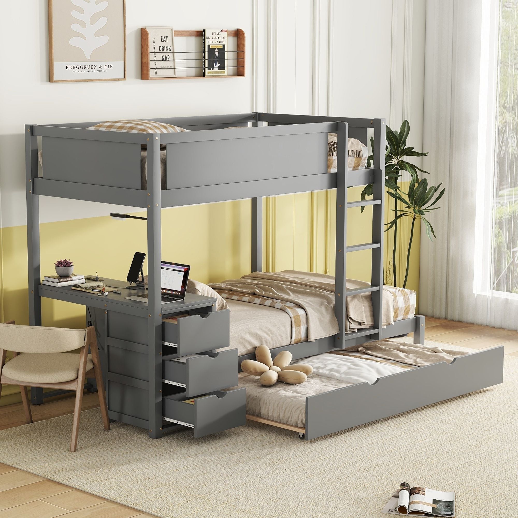 Kids Shared Room Twin Over Twin Wood Bunk Bed with Trundle, Desk, Storage, Gray | Just Better Bunk Beds