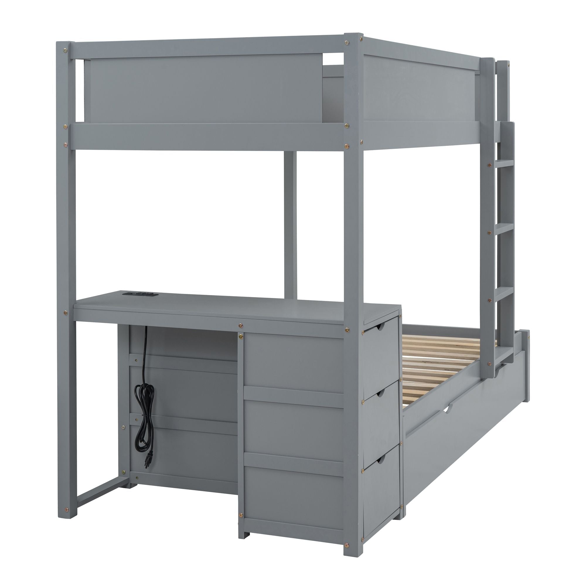 Kids Shared Room Twin Over Twin Wood Bunk Bed with Trundle, Desk, Storage, Gray | Just Better Bunk Beds