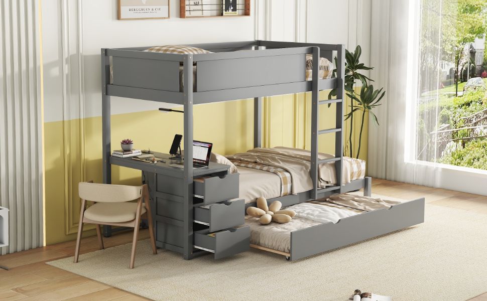 Kids Shared Room Twin Over Twin Wood Bunk Bed with Trundle, Desk, Storage, Gray | Just Better Bunk Beds