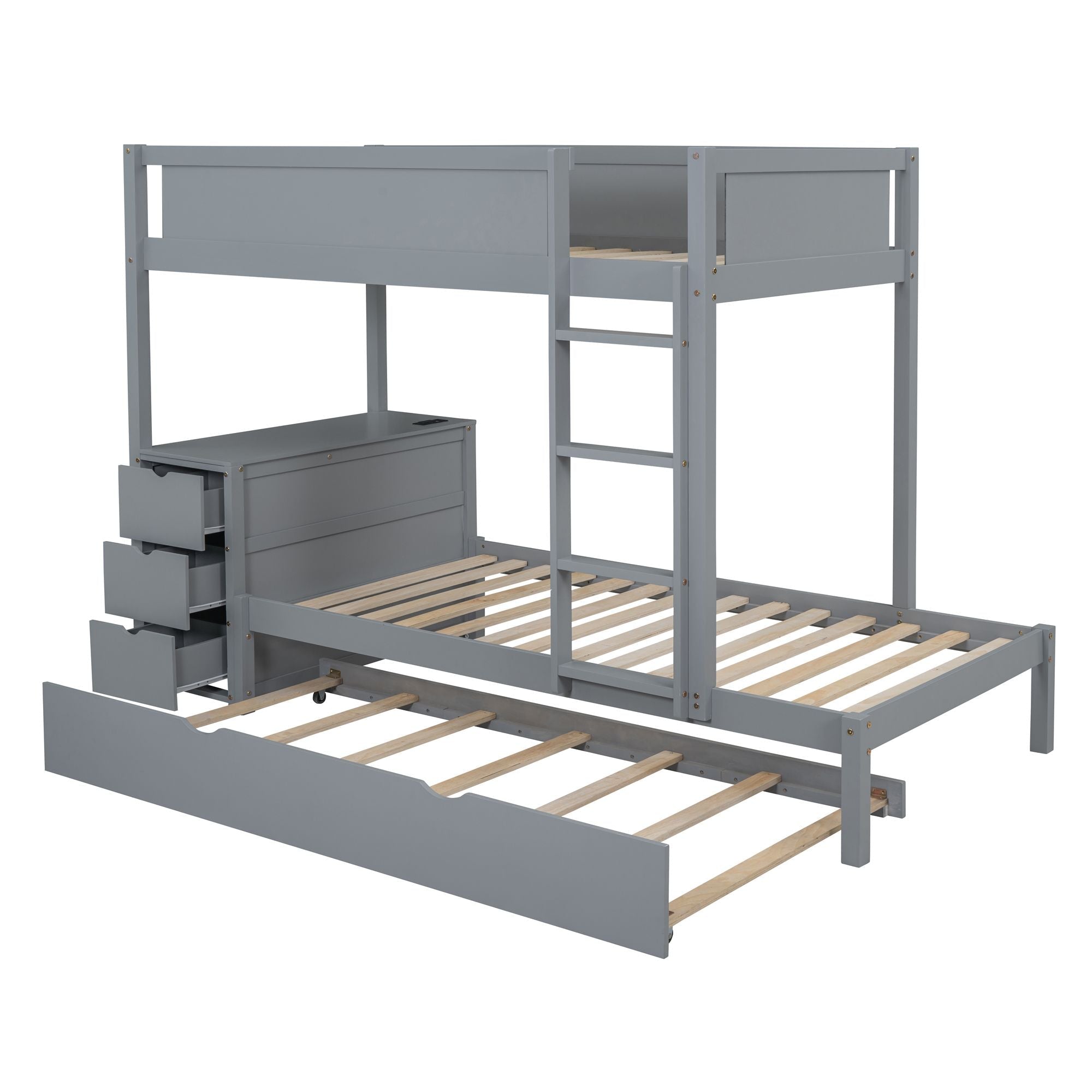 Kids Shared Room Twin Over Twin Wood Bunk Bed with Trundle, Desk, Storage, Gray | Just Better Bunk Beds