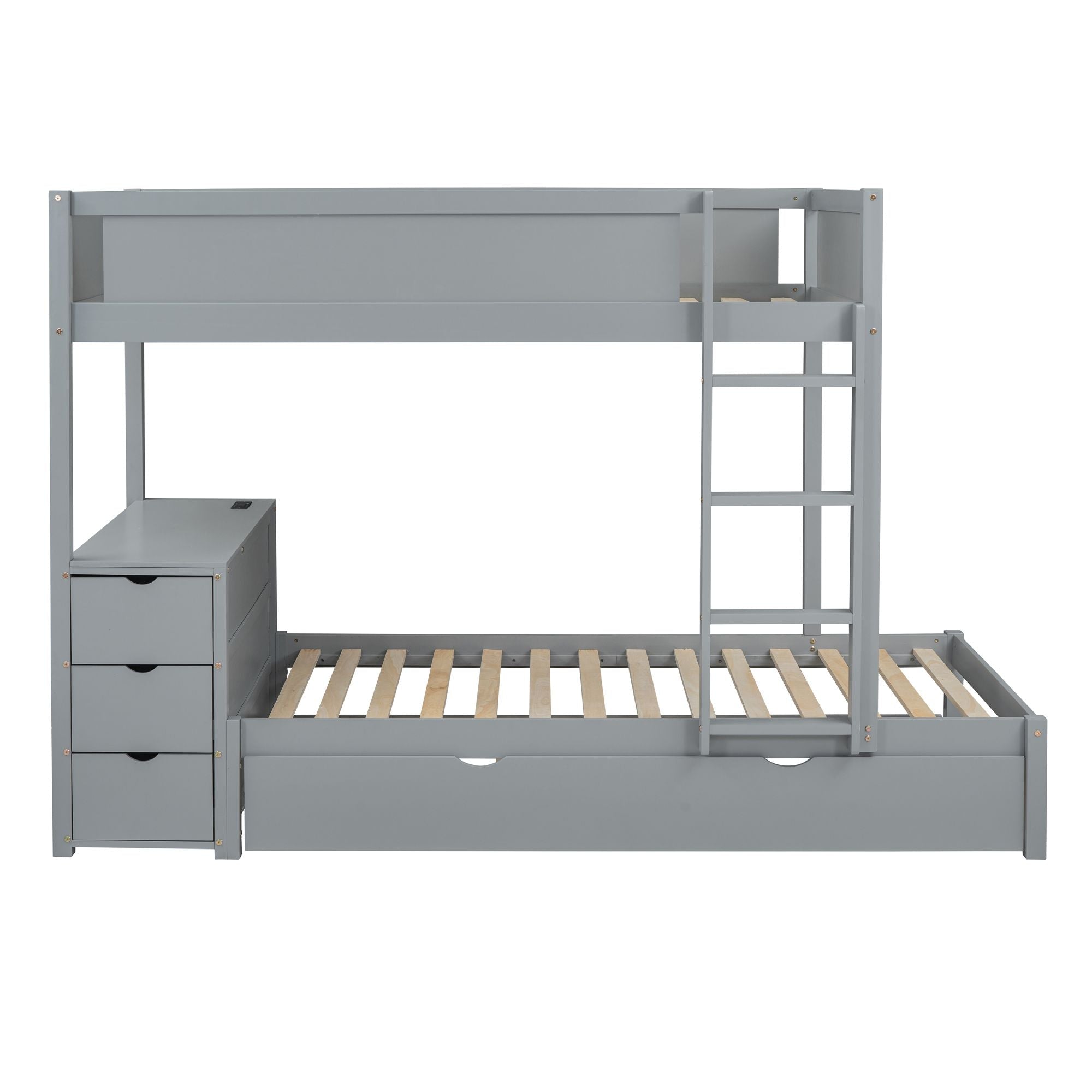 Kids Shared Room Twin Over Twin Wood Bunk Bed with Trundle, Desk, Storage, Gray | Just Better Bunk Beds