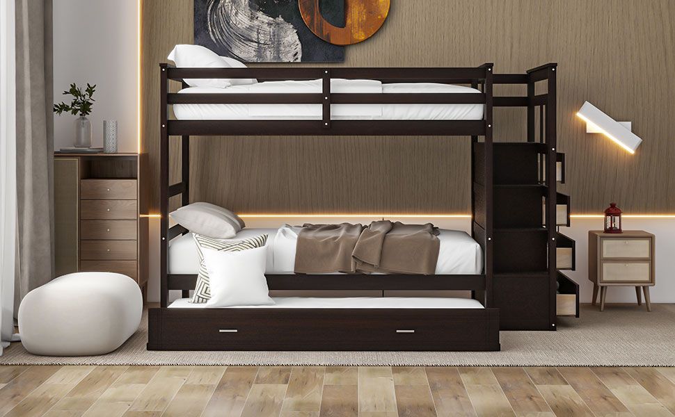 Kids Shared Room Twin Over Twin Wood Bunk Bed with Trundle, Staircase Storage, Espresso | Just Better Bunk Beds