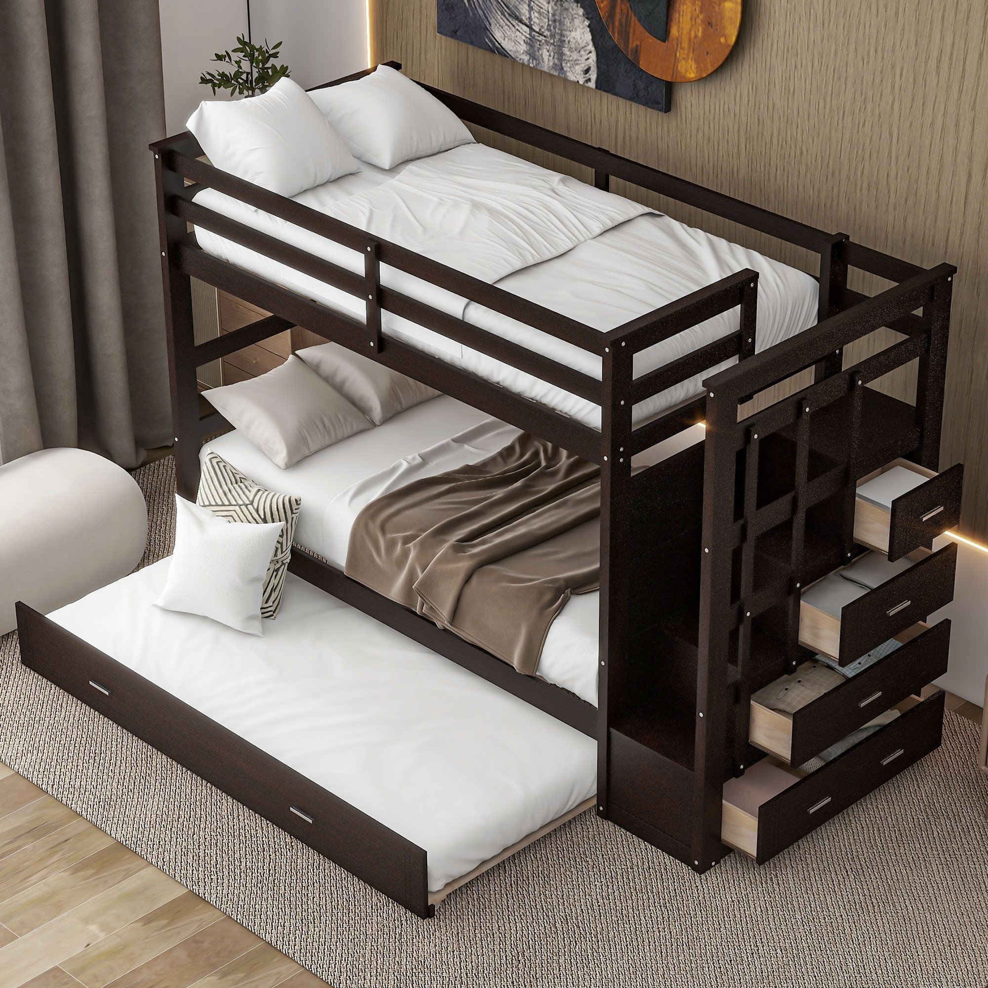 Kids Shared Room Twin Over Twin Wood Bunk Bed with Trundle, Staircase Storage, Espresso | Just Better Bunk Beds
