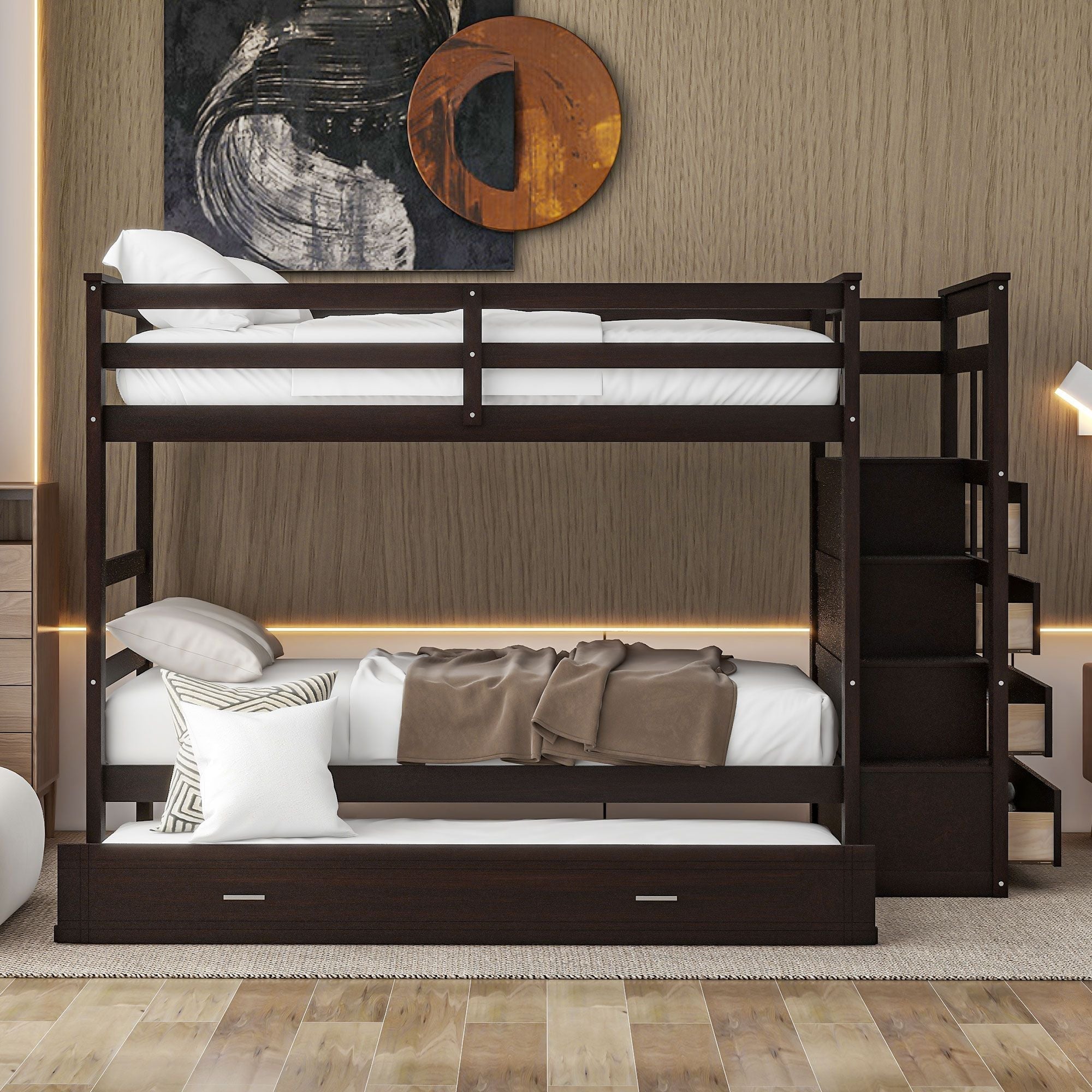 Kids Shared Room Twin Over Twin Wood Bunk Bed with Trundle, Staircase Storage, Espresso | Just Better Bunk Beds