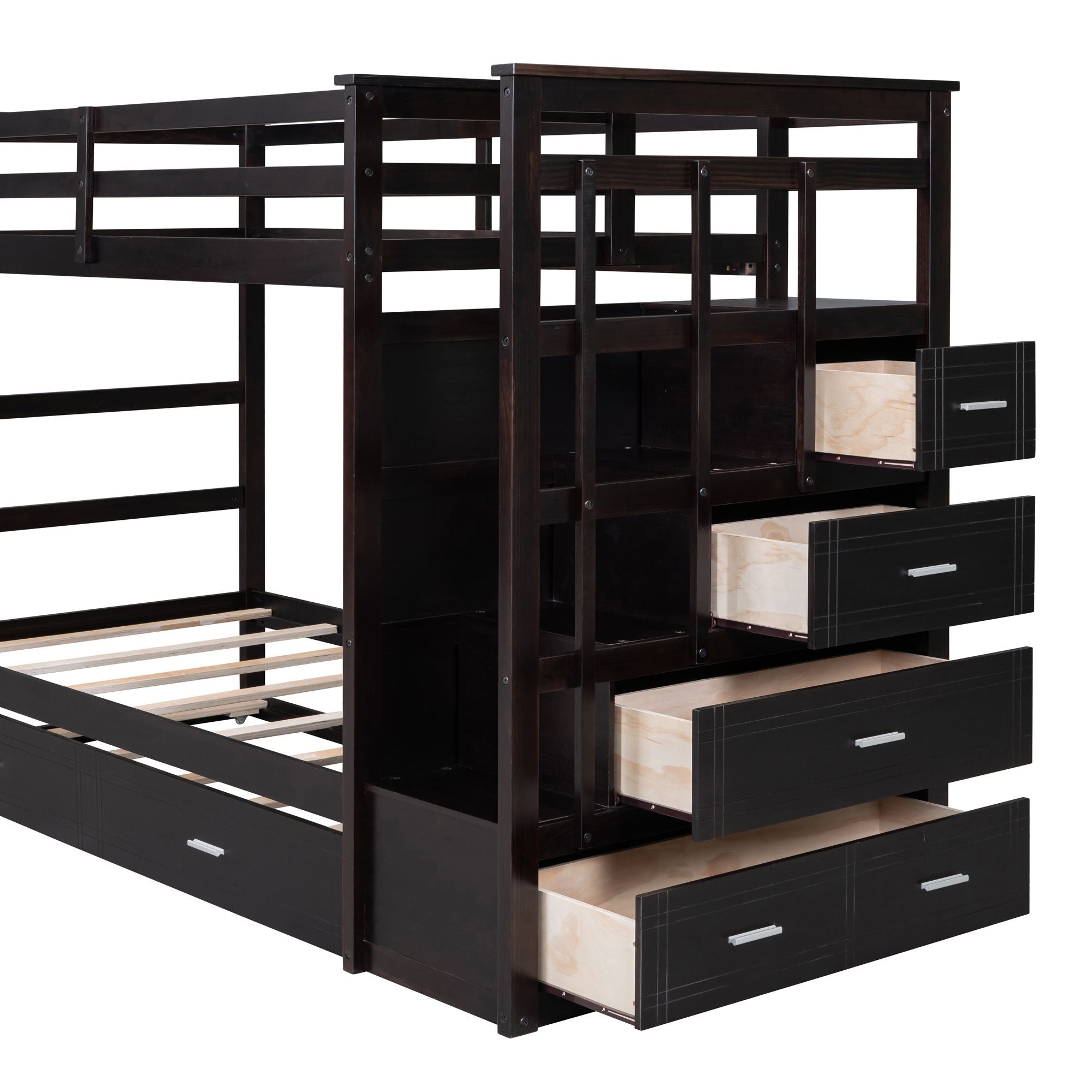 Kids Shared Room Twin Over Twin Wood Bunk Bed with Trundle, Staircase Storage, Espresso | Just Better Bunk Beds