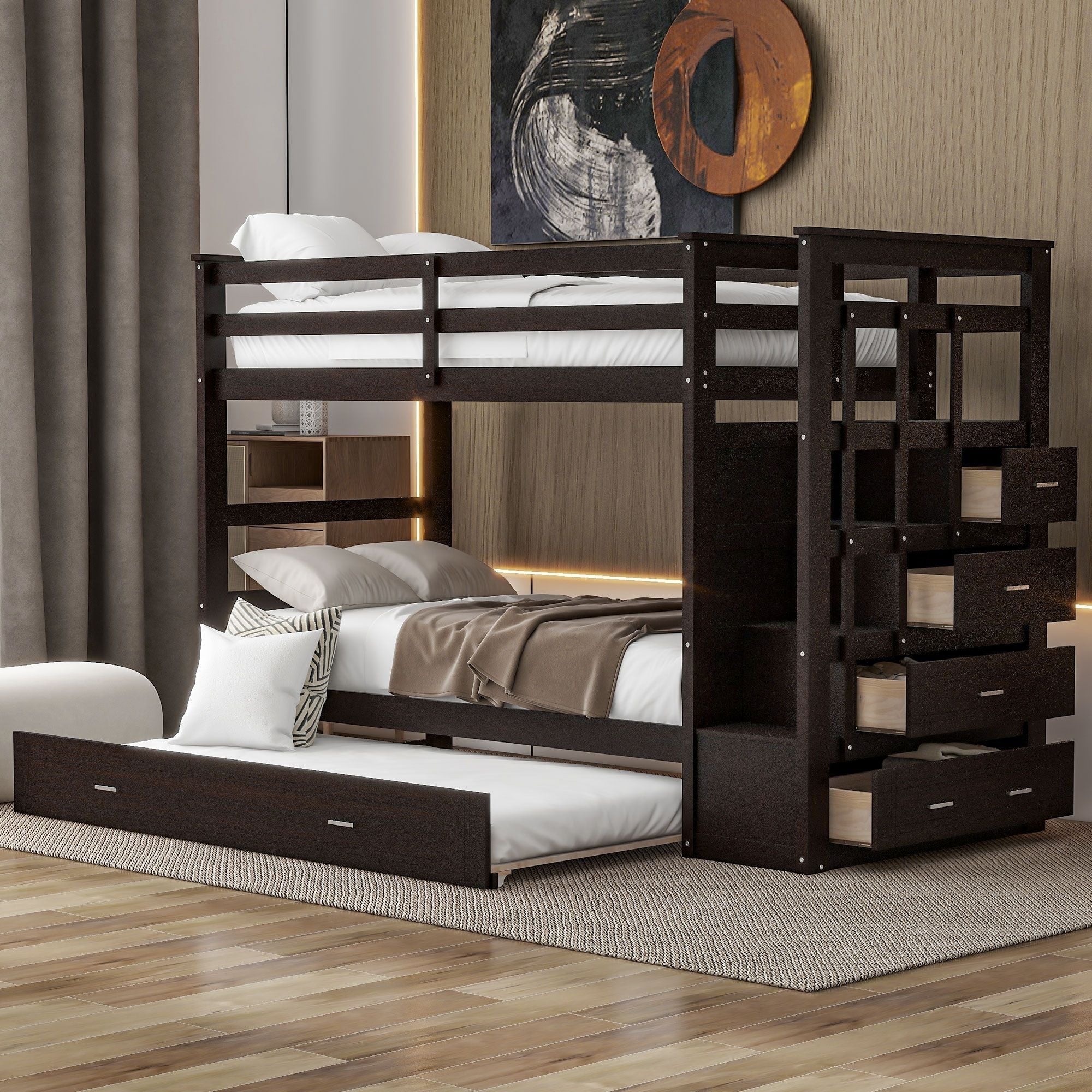 Kids Shared Room Twin Over Twin Wood Bunk Bed with Trundle, Staircase Storage, Espresso | Just Better Bunk Beds