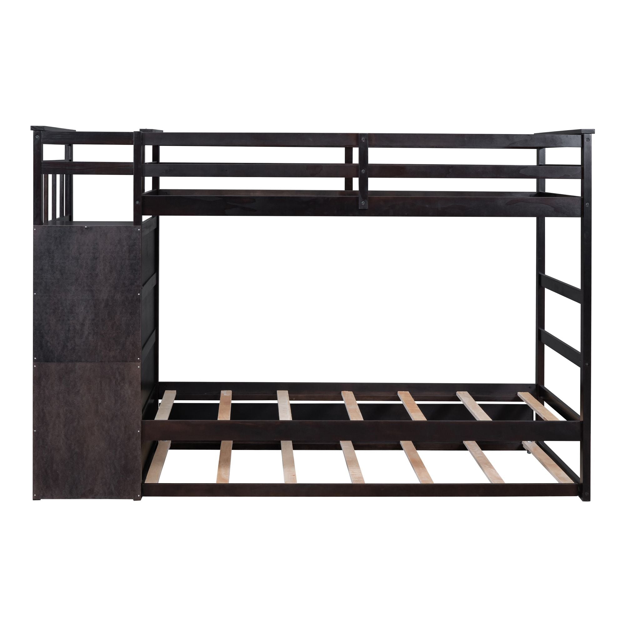 Kids Shared Room Twin Over Twin Wood Bunk Bed with Trundle, Staircase Storage, Espresso | Just Better Bunk Beds