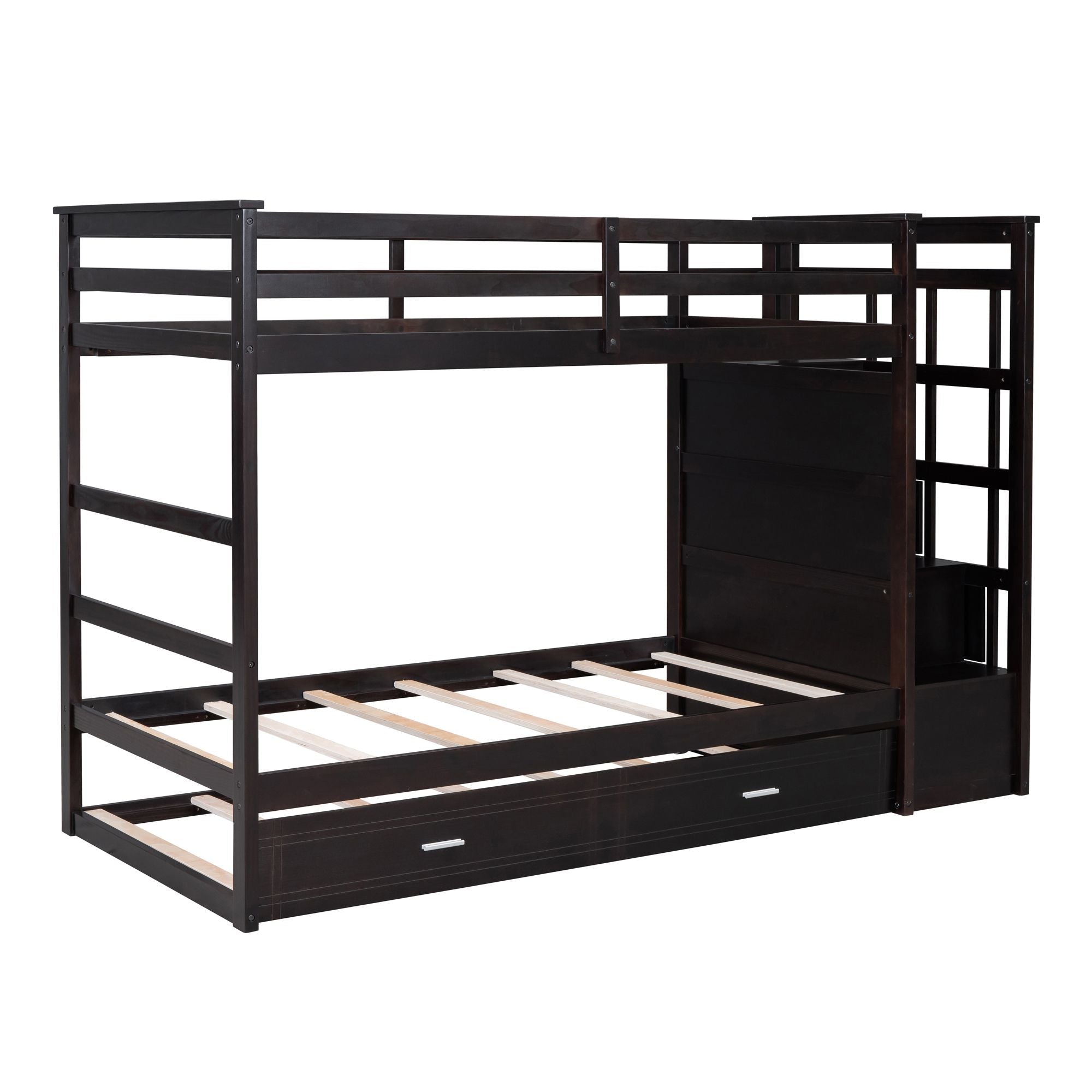 Kids Shared Room Twin Over Twin Wood Bunk Bed with Trundle, Staircase Storage, Espresso | Just Better Bunk Beds