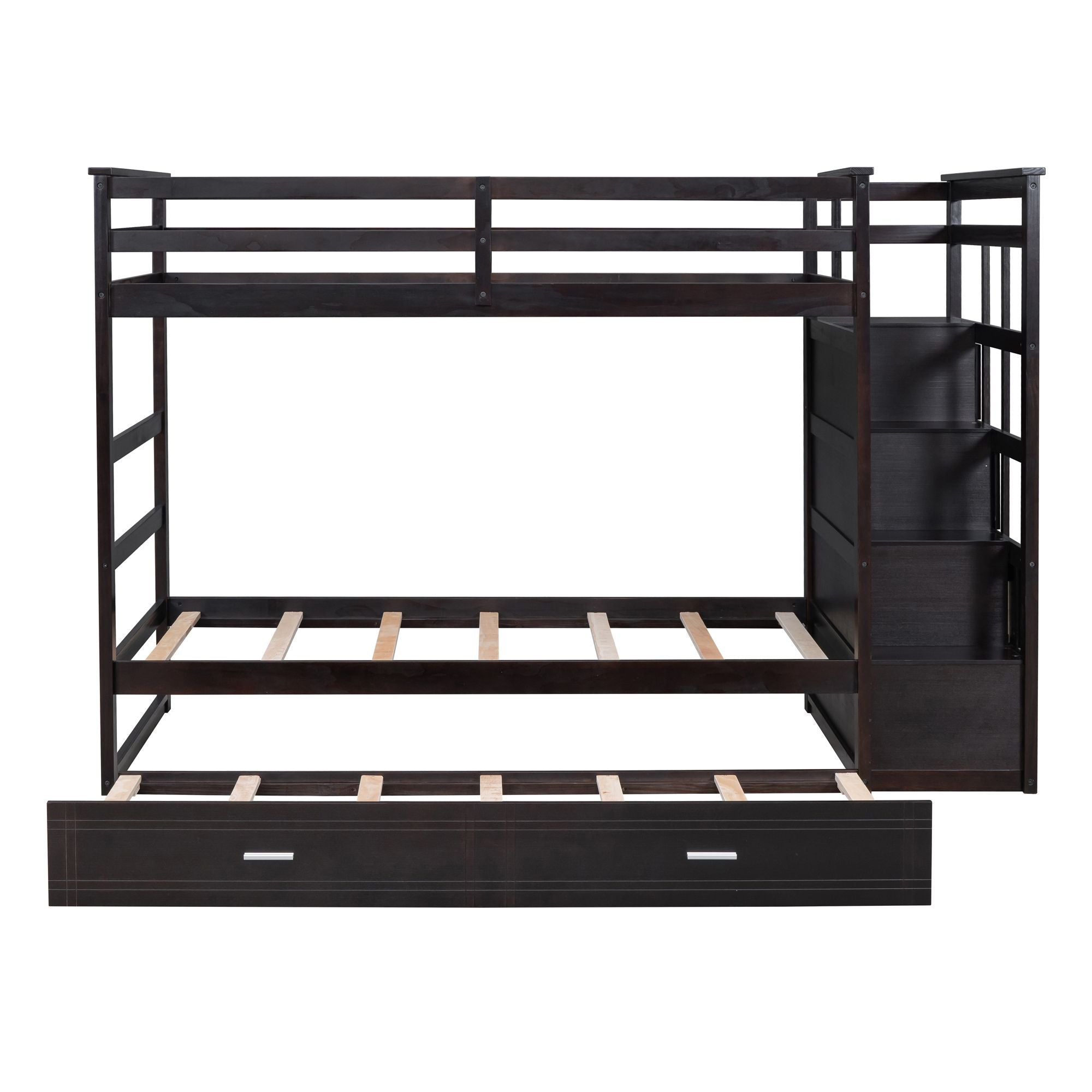 Kids Shared Room Twin Over Twin Wood Bunk Bed with Trundle, Staircase Storage, Espresso | Just Better Bunk Beds