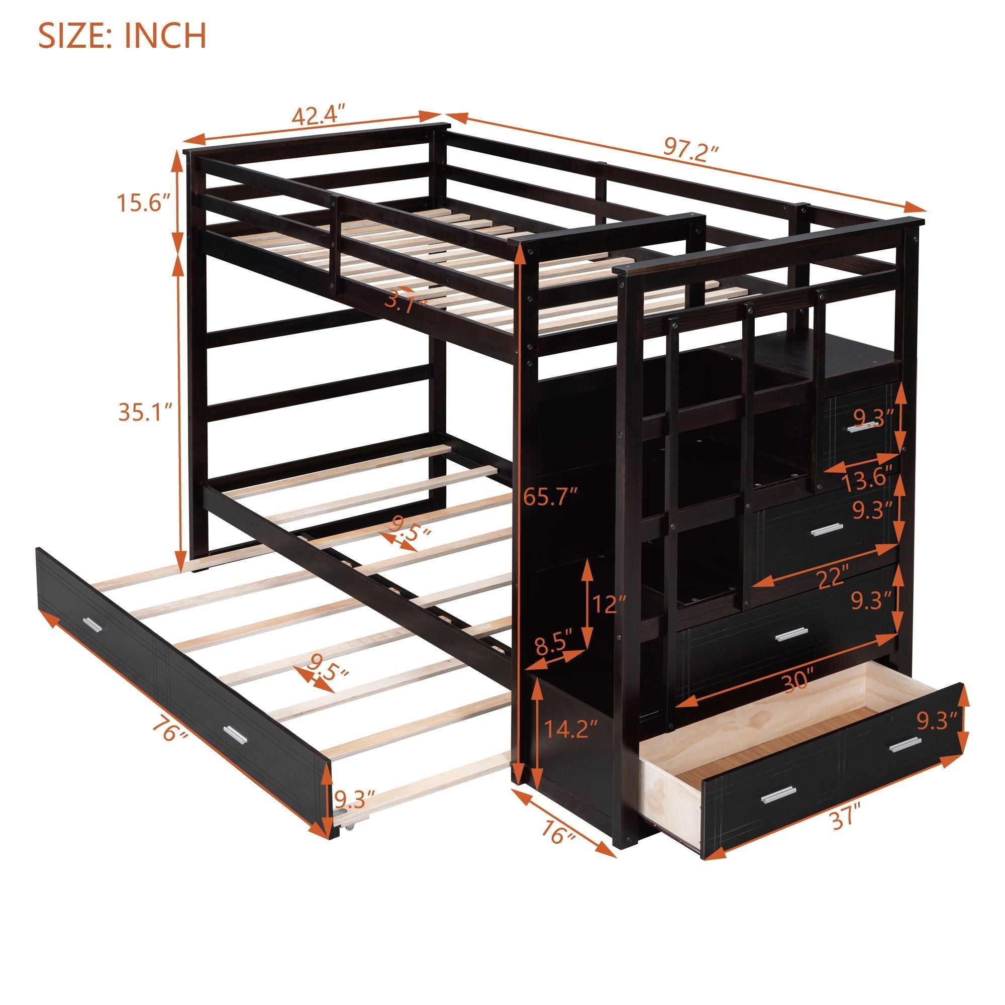 Kids Shared Room Twin Over Twin Wood Bunk Bed with Trundle, Staircase Storage, Espresso | Just Better Bunk Beds