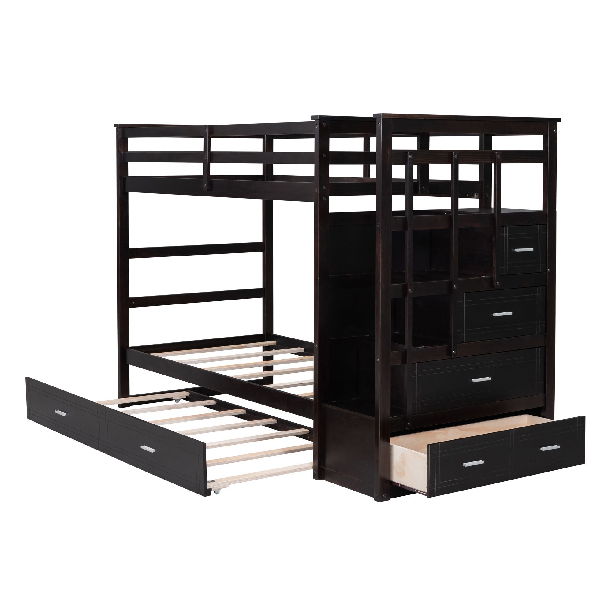 Kids Shared Room Twin Over Twin Wood Bunk Bed with Trundle, Staircase Storage, Espresso | Just Better Bunk Beds