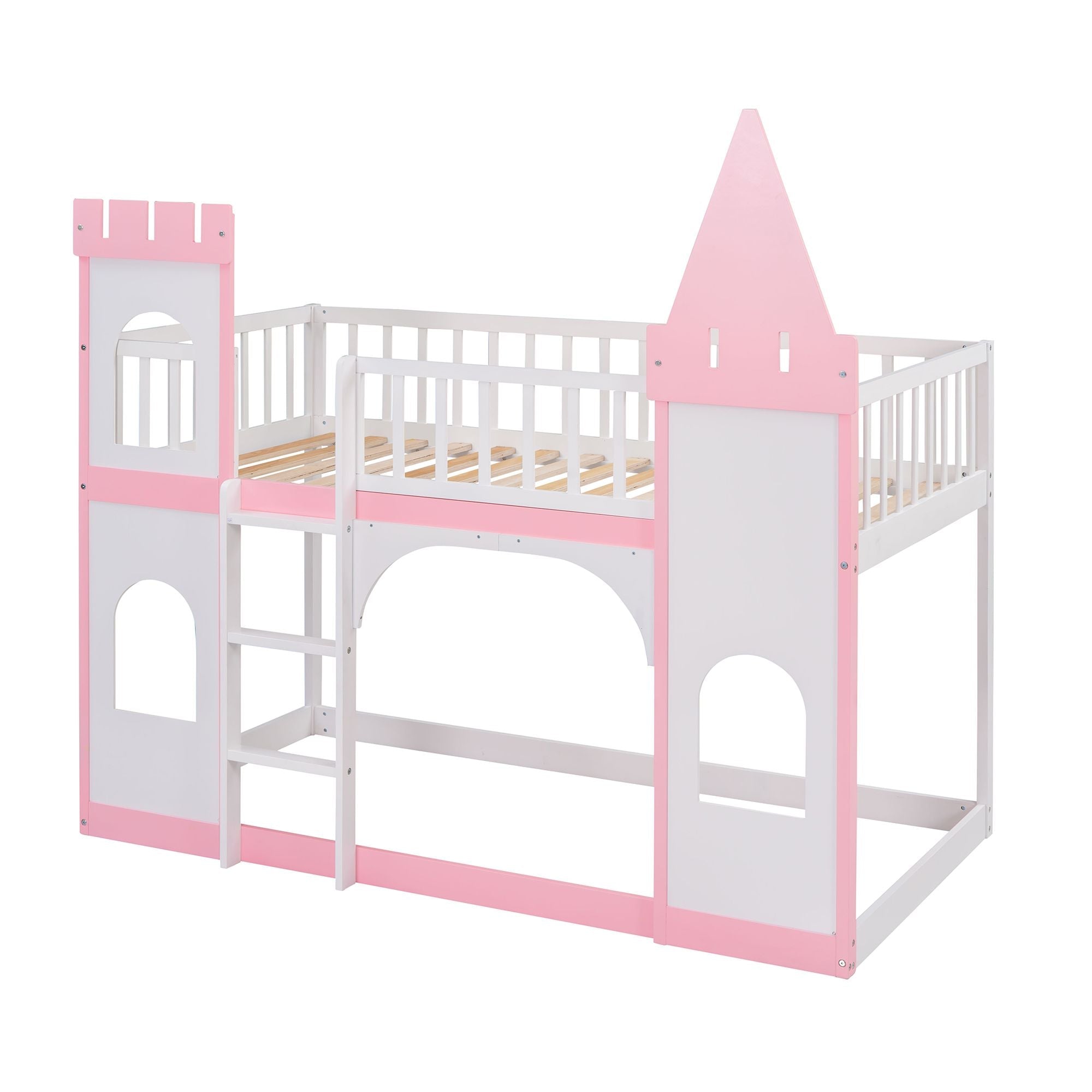 Kids Shared Room Twin Over Twin Wood Castle Bunk Bed with Ladder Pink Finish | Just Better Bunk Beds