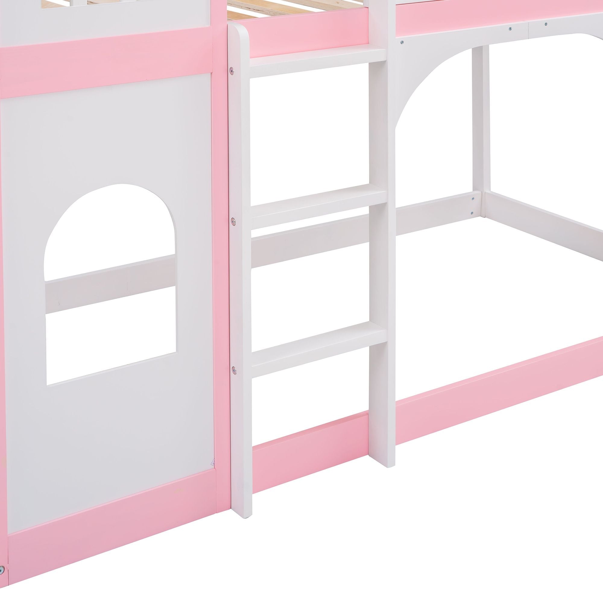 Kids Shared Room Twin Over Twin Wood Castle Bunk Bed with Ladder Pink Finish | Just Better Bunk Beds