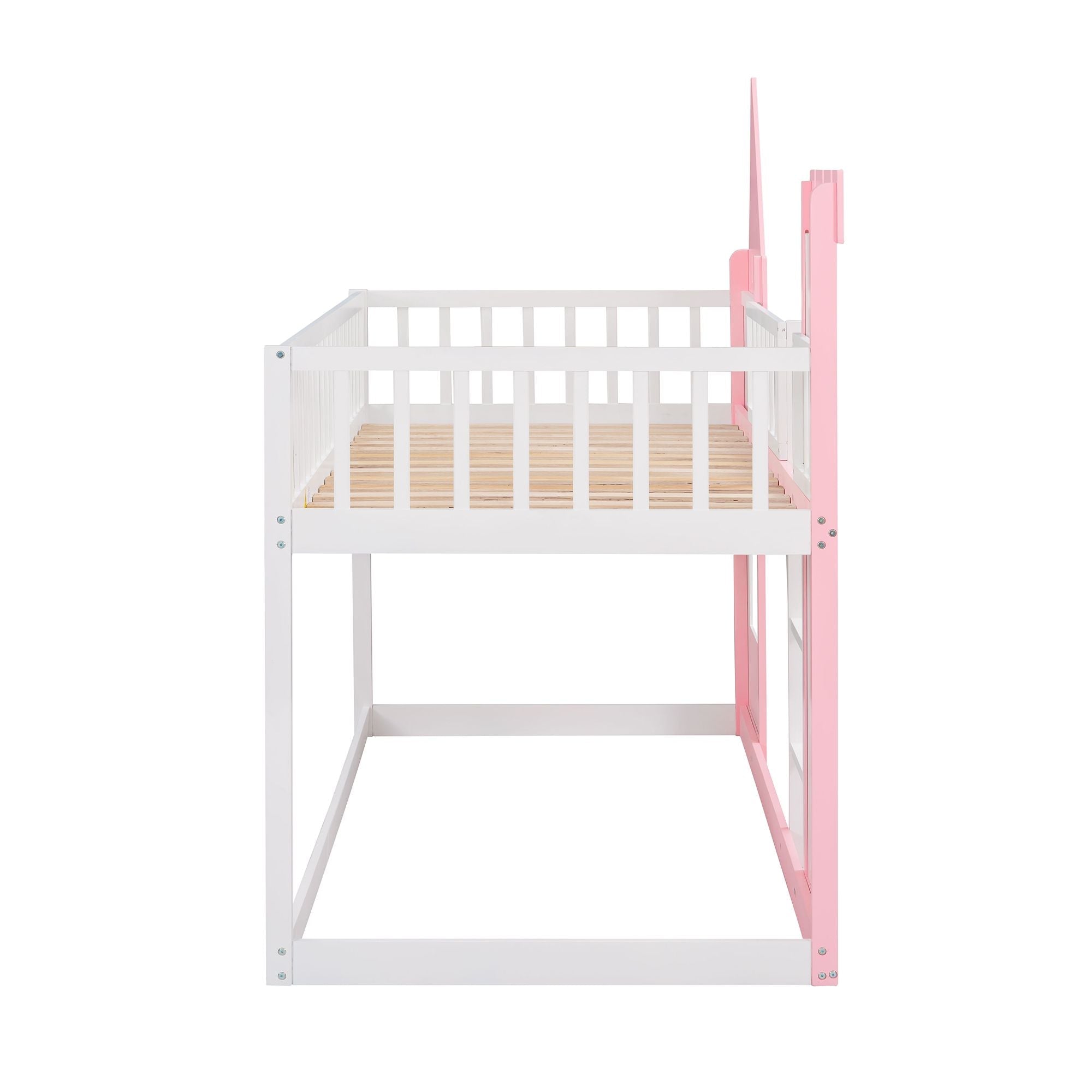 Kids Shared Room Twin Over Twin Wood Castle Bunk Bed with Ladder Pink Finish | Just Better Bunk Beds