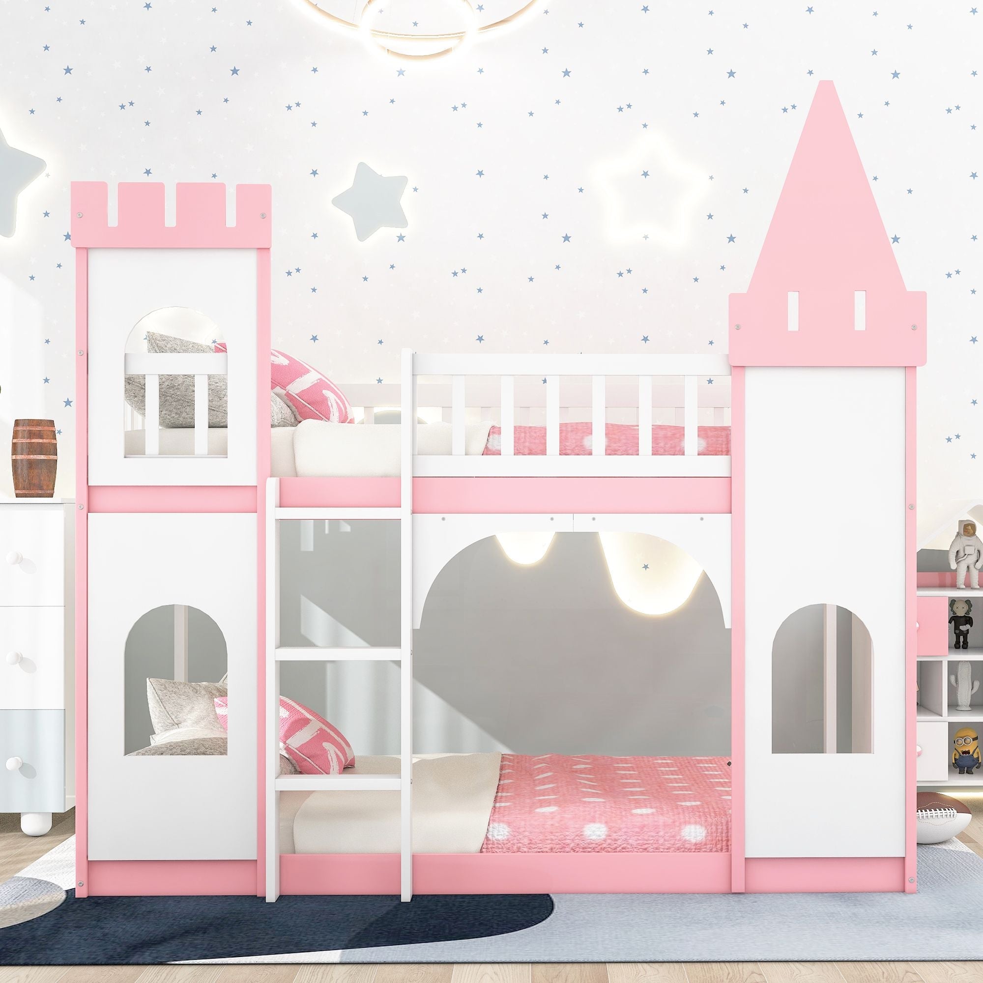 Kids Shared Room Twin Over Twin Wood Castle Bunk Bed with Ladder Pink Finish | Just Better Bunk Beds