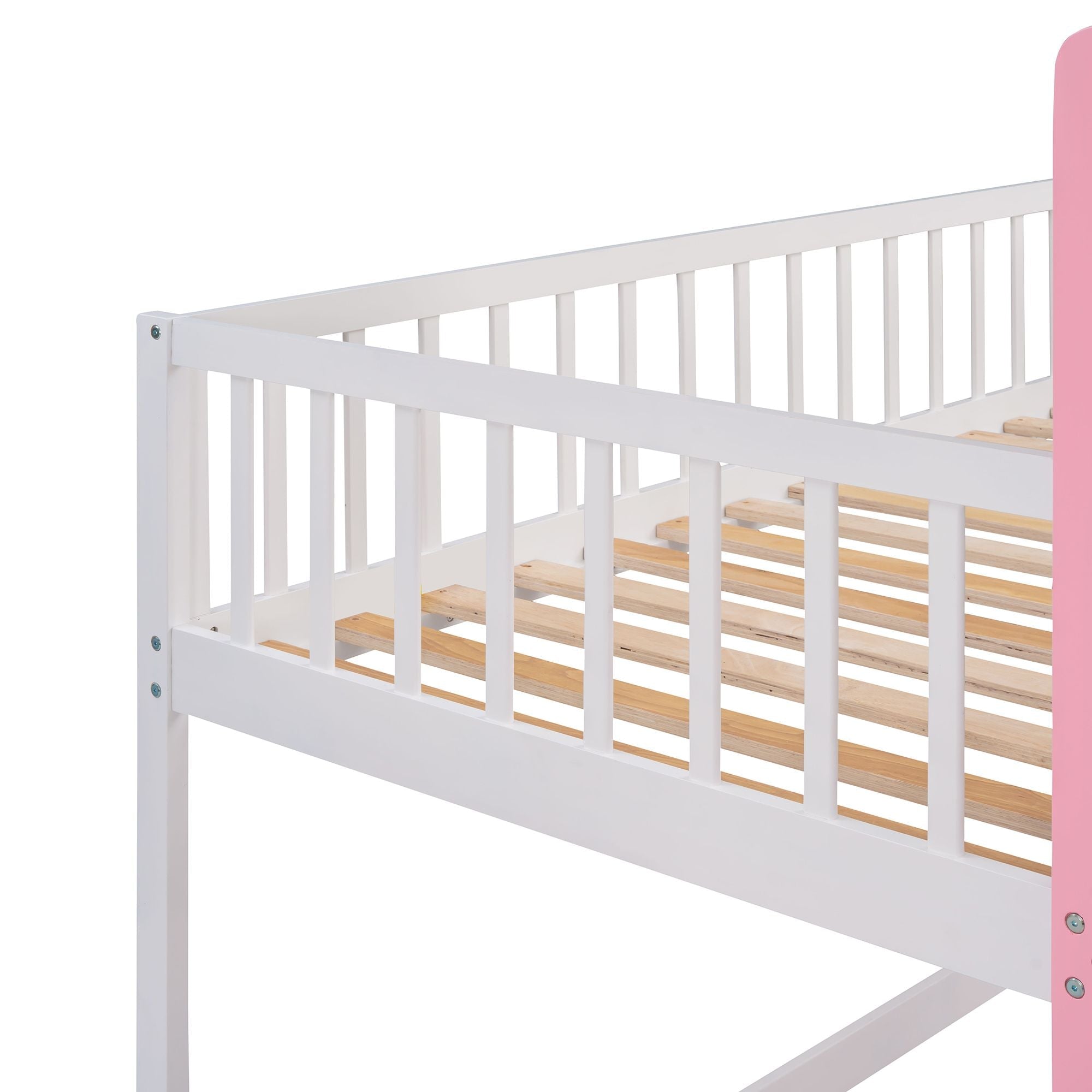 Kids Shared Room Twin Over Twin Wood Castle Bunk Bed with Ladder Pink Finish | Just Better Bunk Beds