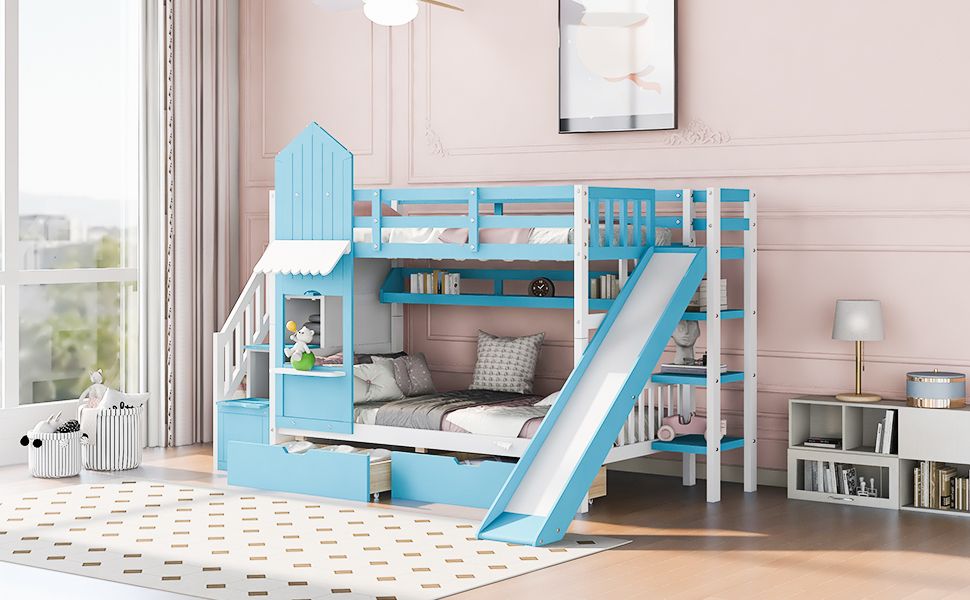 Kids Shared Room Twin Over Twin Wood Castle Bunk Bed with Slide, Storage Drawers, Shelves, Blue | Just Better Bunk Beds