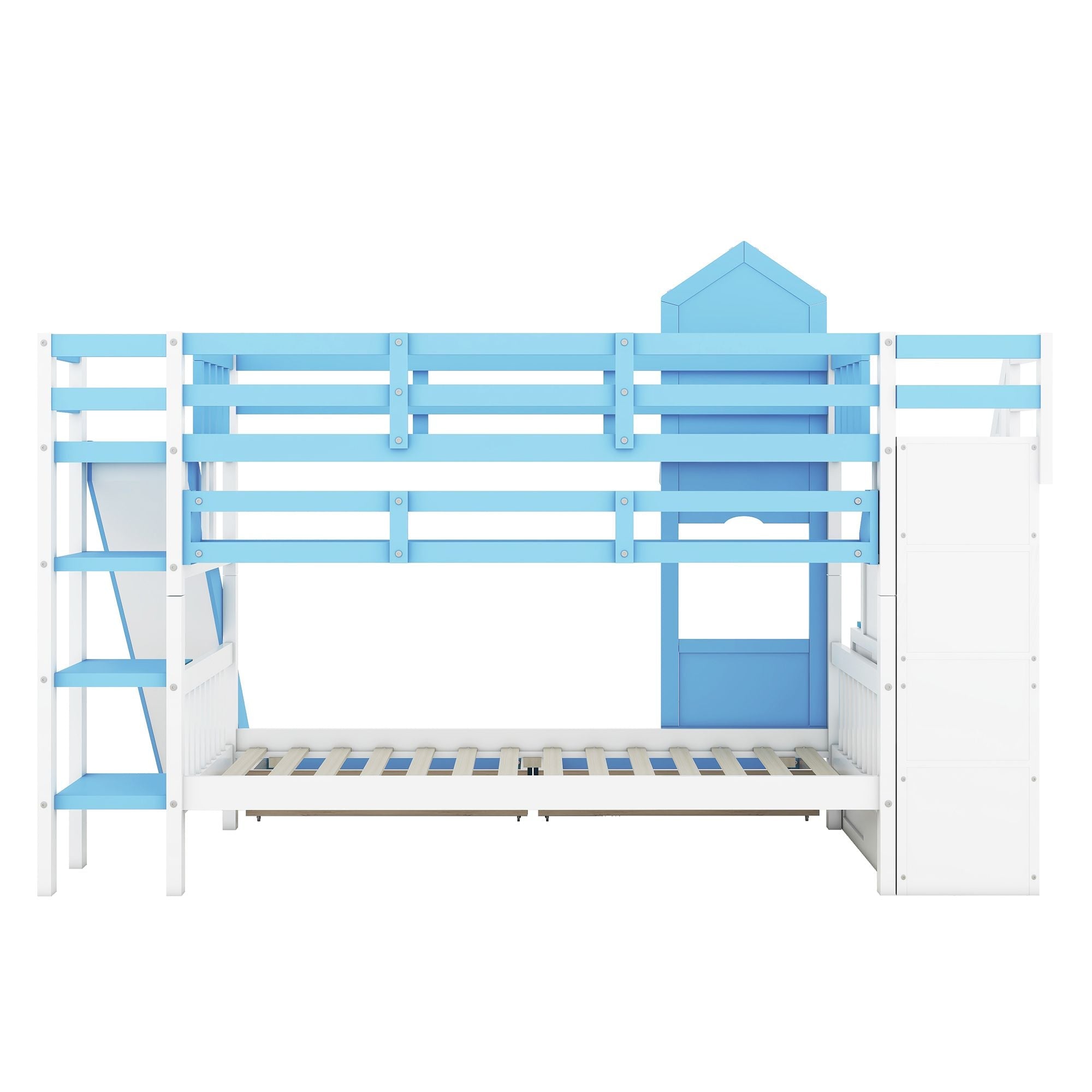 Kids Shared Room Twin Over Twin Wood Castle Bunk Bed with Slide, Storage Drawers, Shelves, Blue | Just Better Bunk Beds