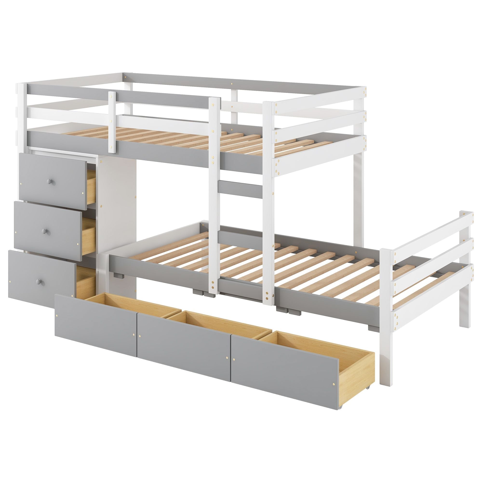 Kids Shared Room Twin Over Twin Wood Loft Bunk Bed with Drawers and Ladder Gray | Just Better Bunk Beds