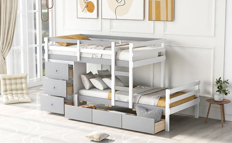 Kids Shared Room Twin Over Twin Wood Loft Bunk Bed with Drawers and Ladder Gray | Just Better Bunk Beds