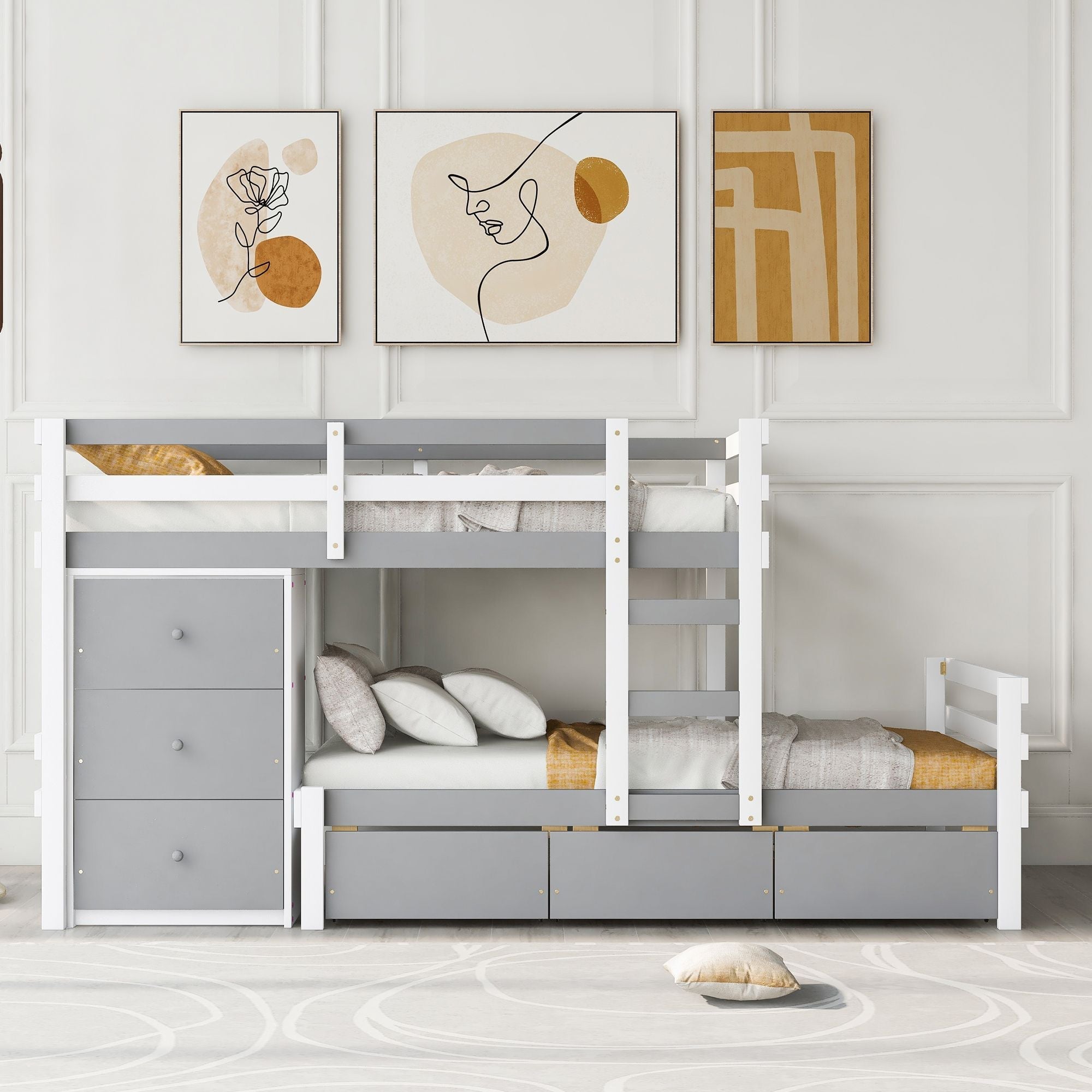 Kids Shared Room Twin Over Twin Wood Loft Bunk Bed with Drawers and Ladder Gray | Just Better Bunk Beds