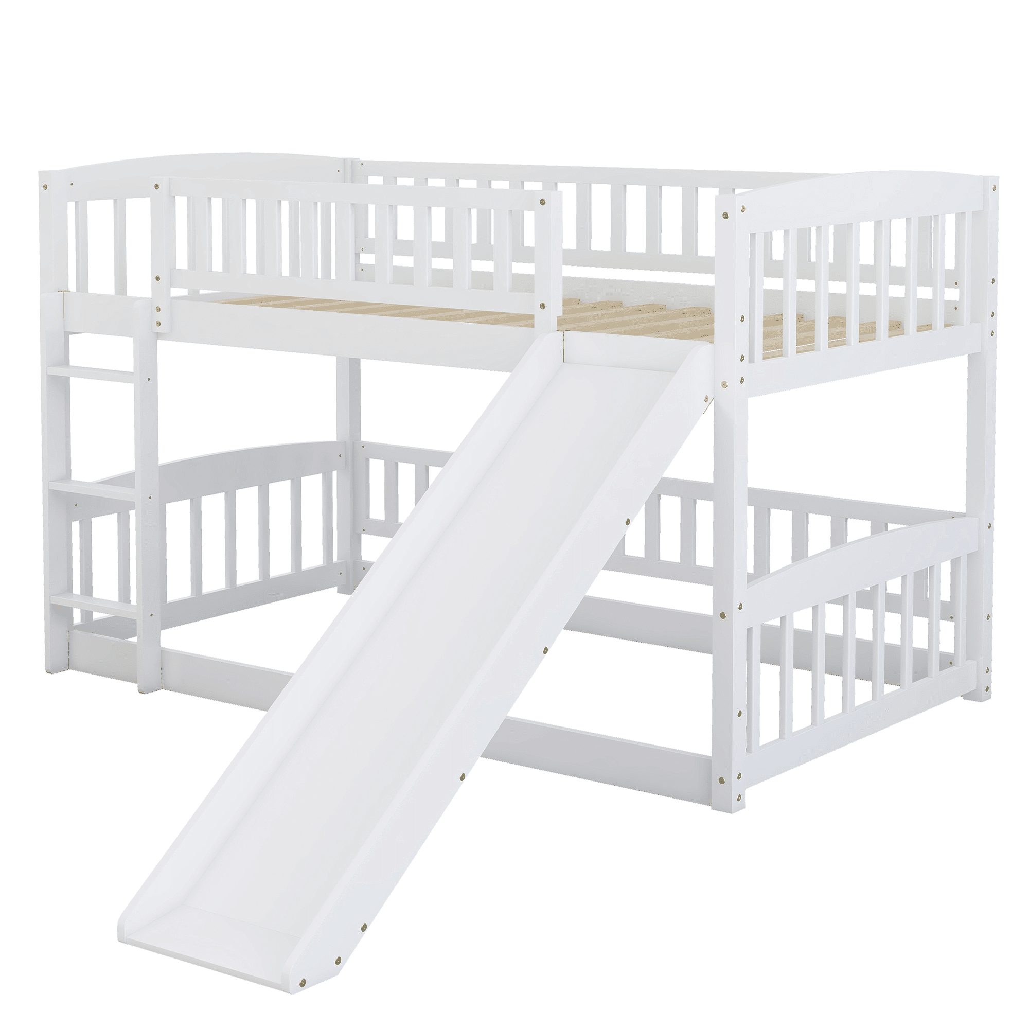 Kids Shared Room Twin Over Twin Wood Low Bunk Bed with Slide, Ladder, and Fence, White, Espresso, Grey | Just Better Bunk Beds