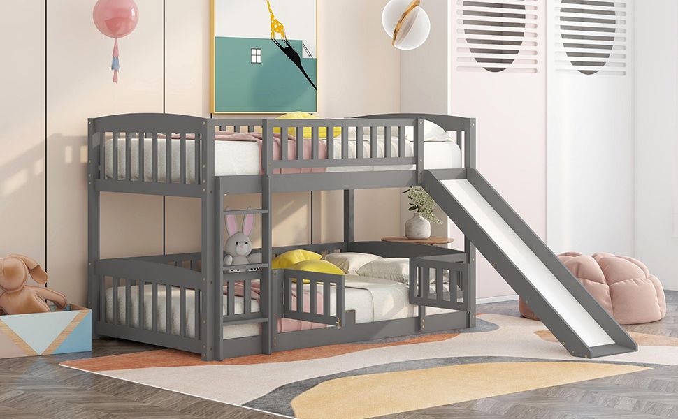 Kids Shared Room Twin Over Twin Wood Low Bunk Bed with Slide, Ladder, and Fence, White, Espresso, Grey | Just Better Bunk Beds