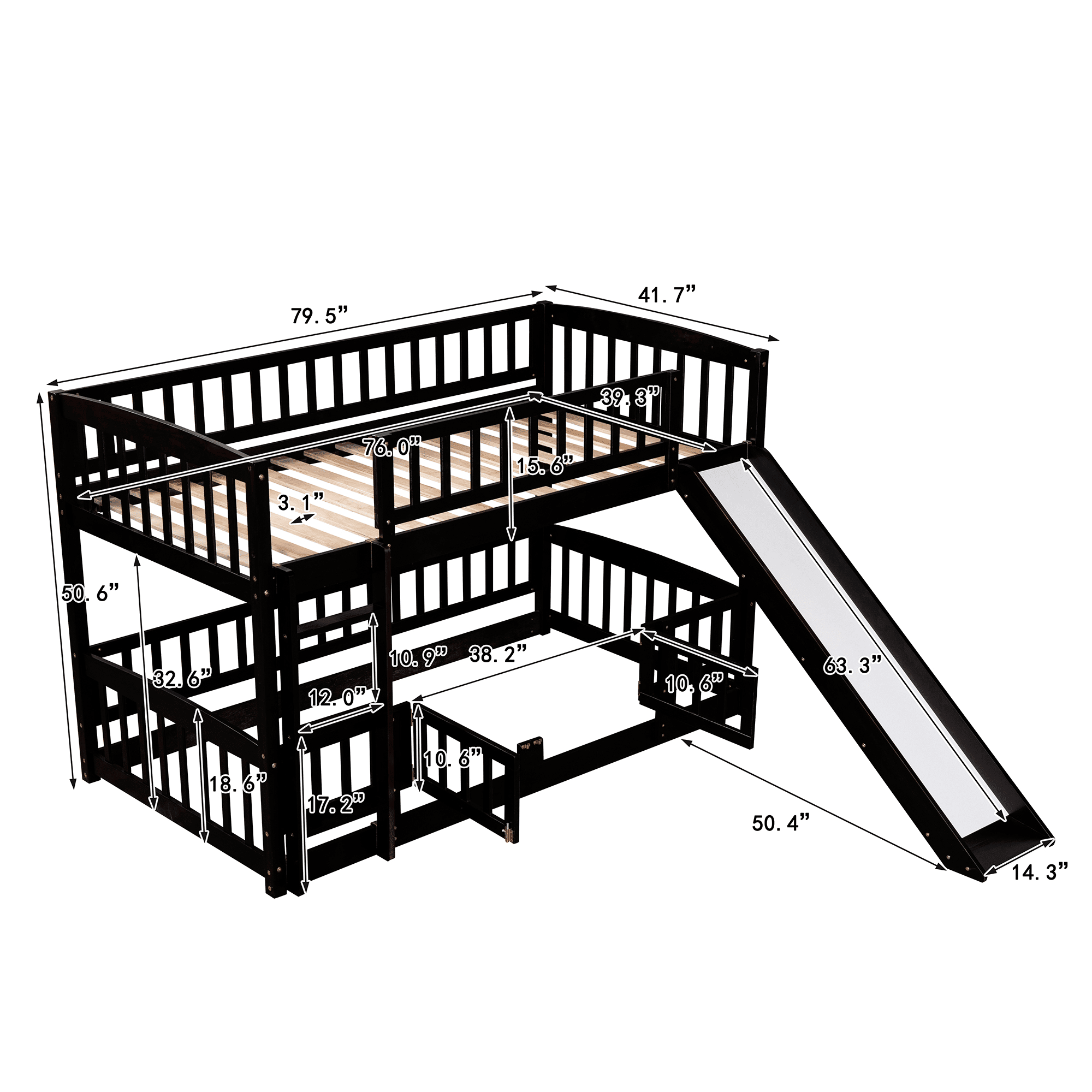 Kids Shared Room Twin Over Twin Wood Low Bunk Bed with Slide, Ladder, and Fence, White, Espresso, Grey | Just Better Bunk Beds