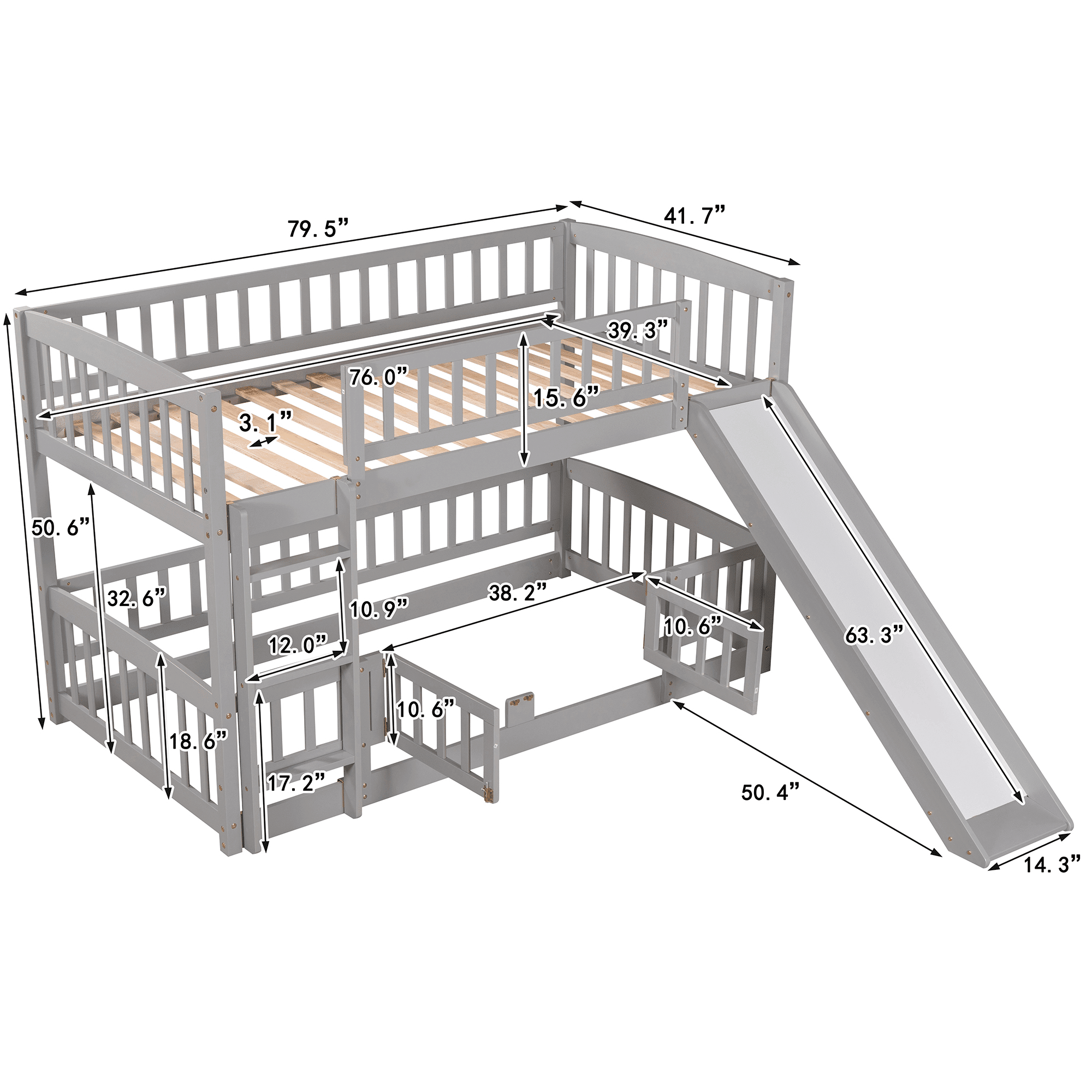 Kids Shared Room Twin Over Twin Wood Low Bunk Bed with Slide, Ladder, and Fence, White, Espresso, Grey | Just Better Bunk Beds