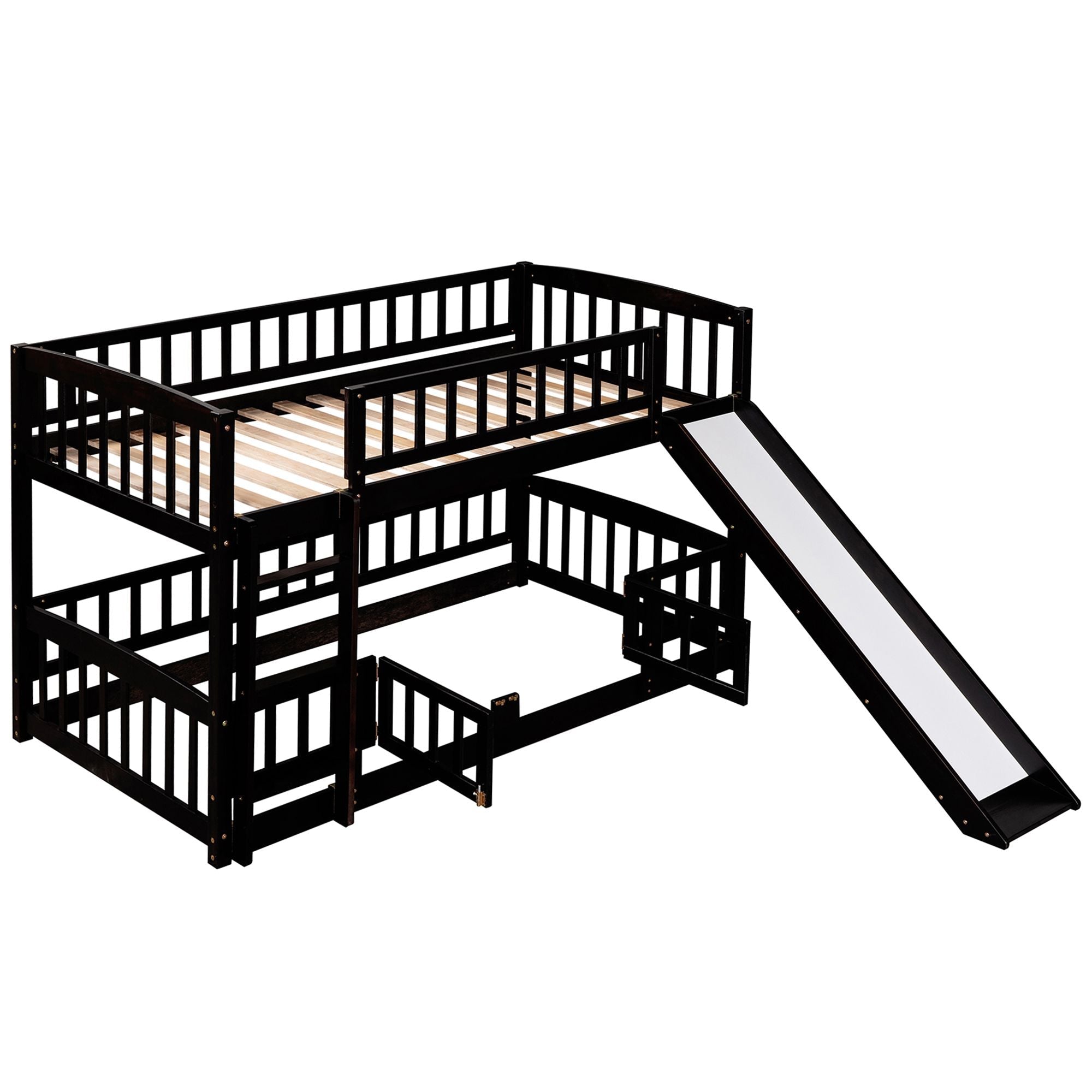 Kids Shared Room Twin Over Twin Wood Low Bunk Bed with Slide, Ladder, and Fence, White, Espresso, Grey | Just Better Bunk Beds