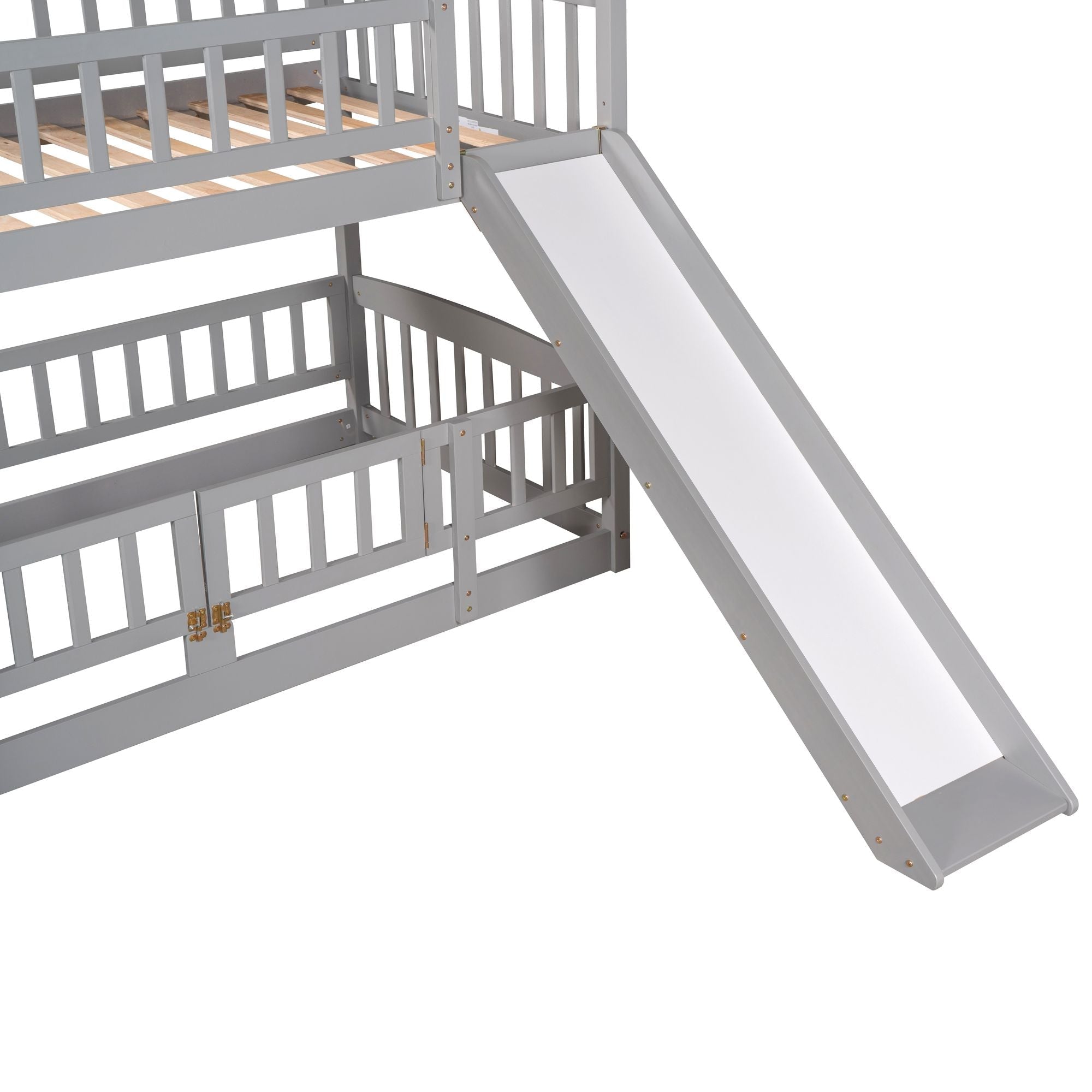 Kids Shared Room Twin Over Twin Wood Low Bunk Bed with Slide, Ladder, and Fence, White, Espresso, Grey | Just Better Bunk Beds