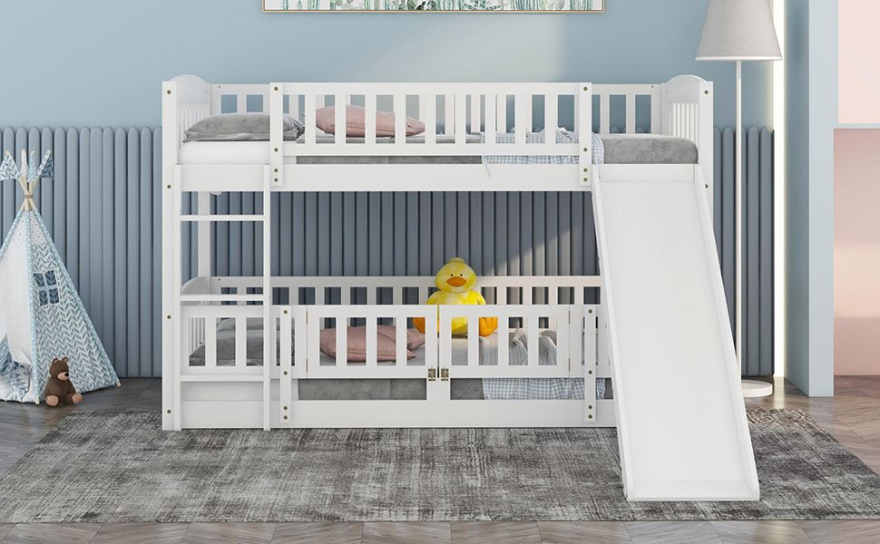 Kids Shared Room Twin Over Twin Wood Low Bunk Bed with Slide, Ladder, and Full-Length Guardrail, White | Just Better Bunk Beds