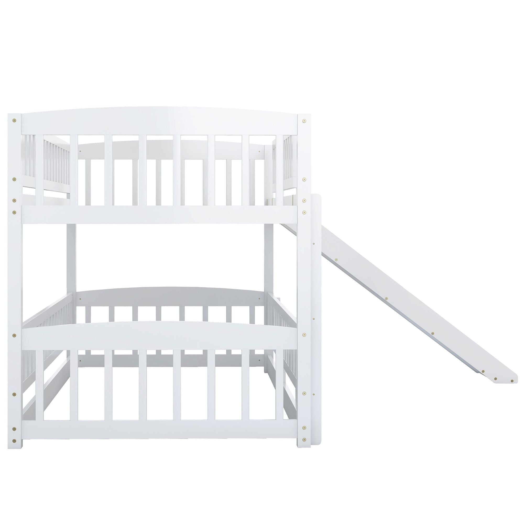Kids Shared Room Twin Over Twin Wood Low Bunk Bed with Slide, Ladder, and Full-Length Guardrail, White | Just Better Bunk Beds